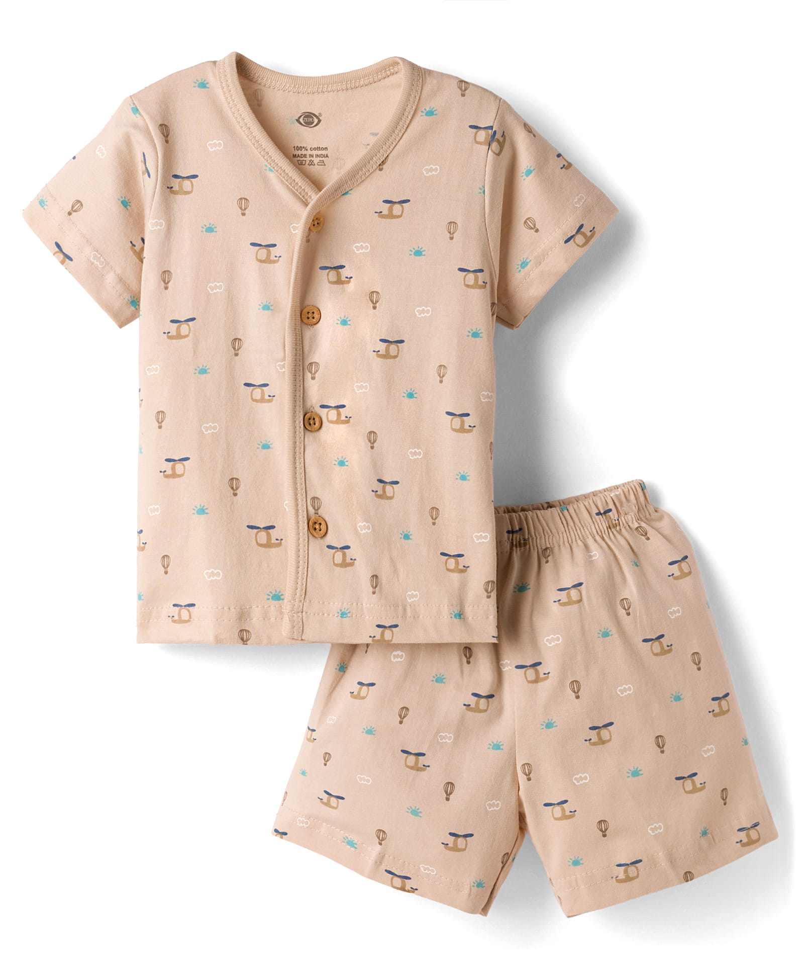 Zero Knitted Half Sleeves Co-ords T-Shirt & Shorts Night Suit with Helicopter Print - Ivory-image-27
