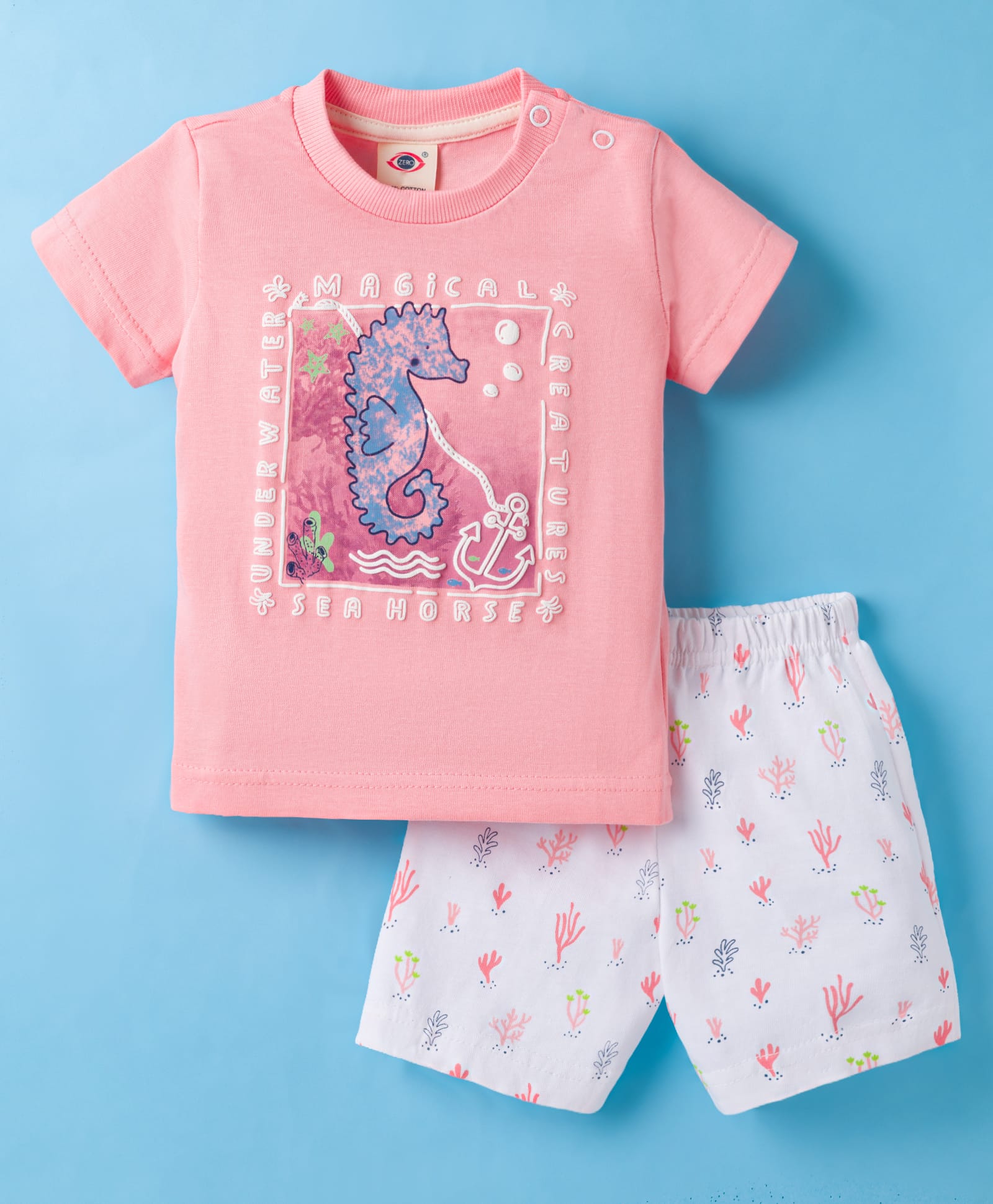 Zero Knit Half Sleeves T-Shirt & Shorts Night Suit With Sea Horse Print - Pink-picture-27