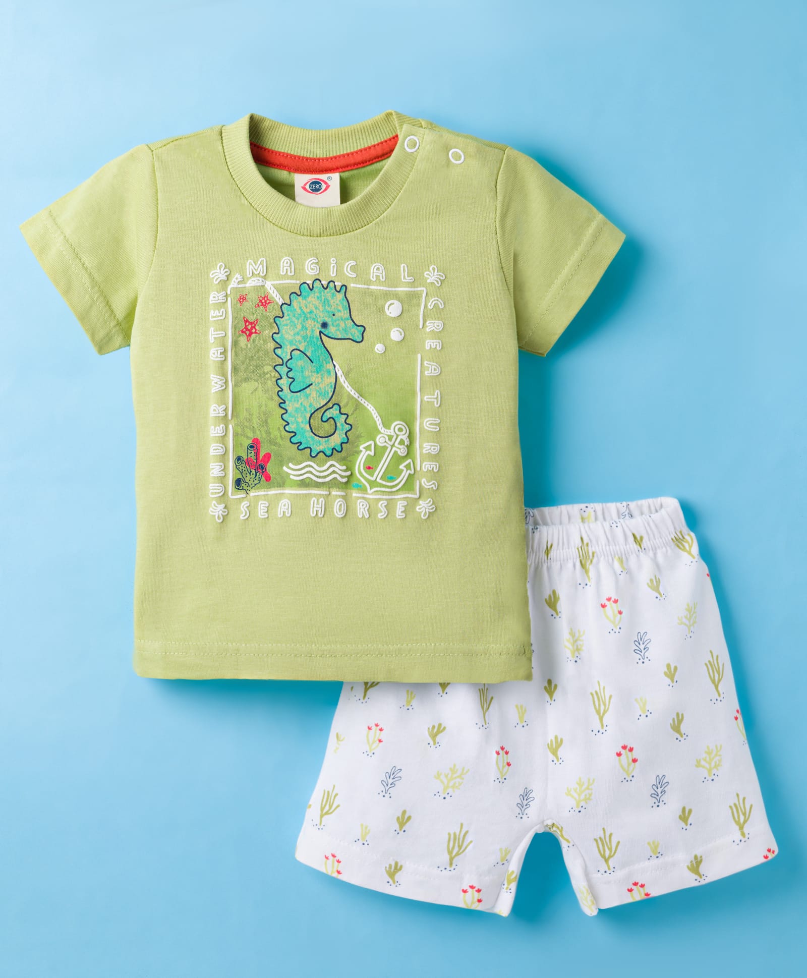Zero Knit Half Sleeves T-Shirt & Shorts Night Suit With Sea Horse Print - Light Green-image-46