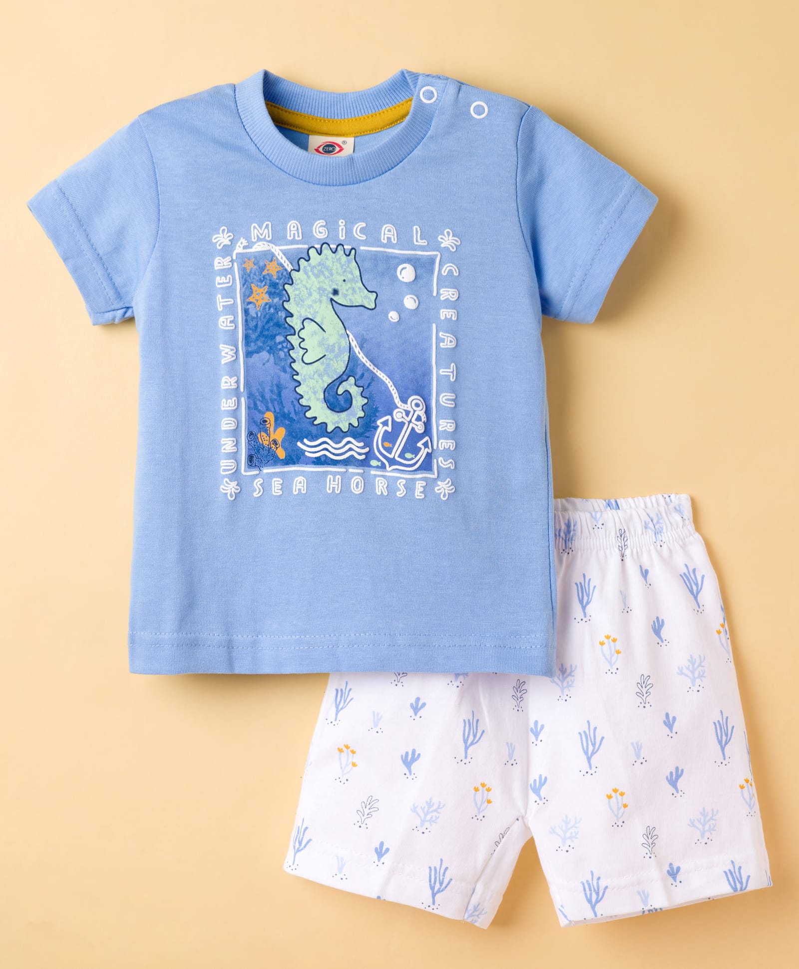 Zero Knit Half Sleeves T-Shirt & Shorts Night Suit With Sea Horse Print - Light Blue-picture-17
