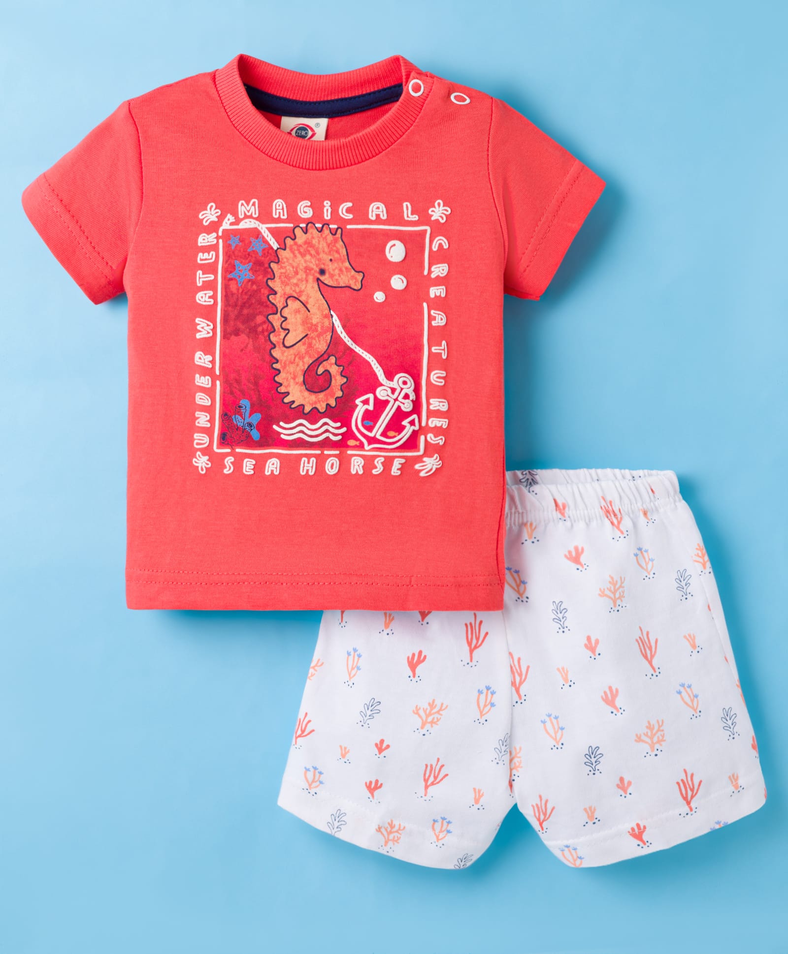 Zero Knit Half Sleeves T-Shirt & Shorts Night Suit With Sea Horse Print - Orange & White-picture-11