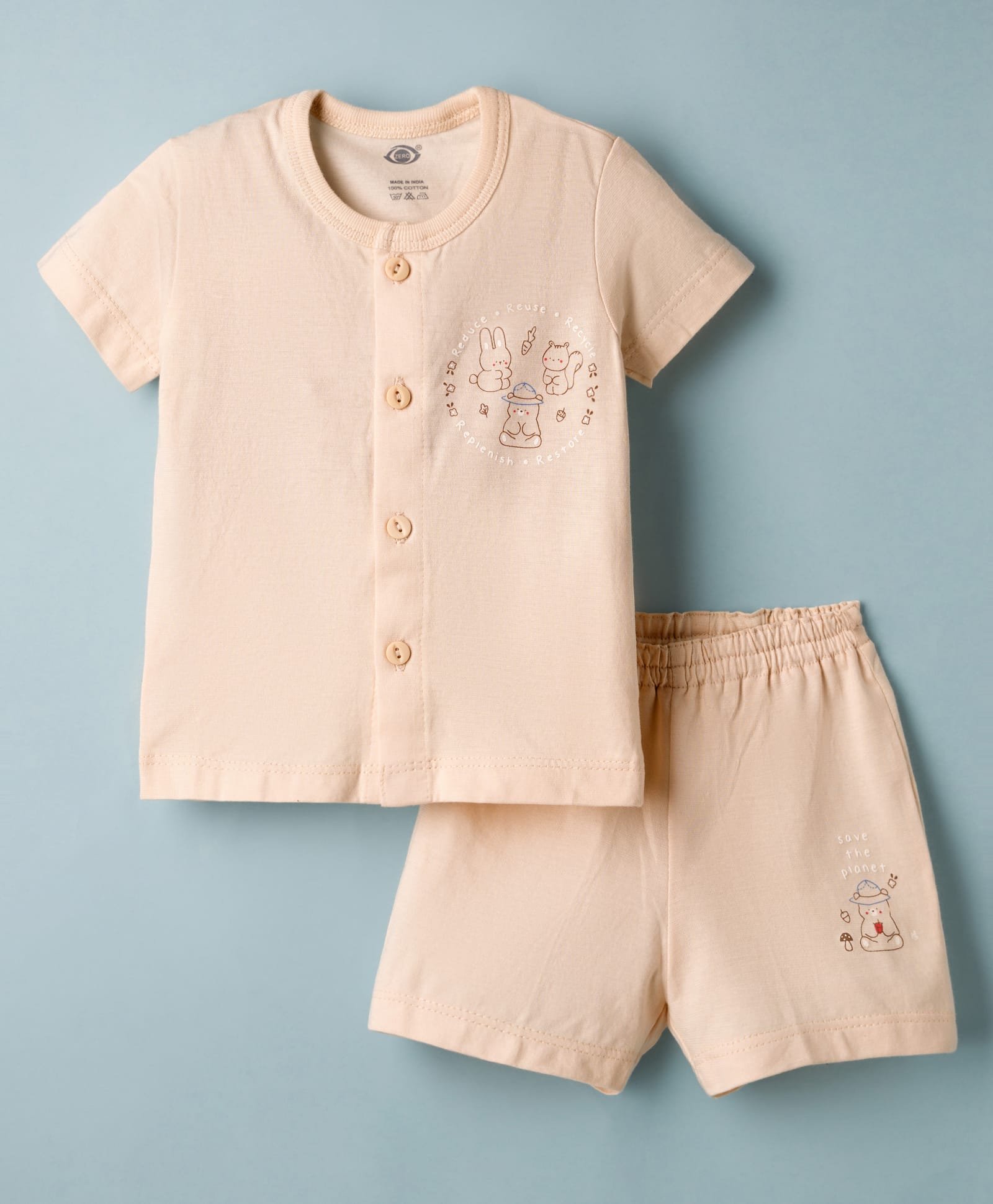 Zero Knit Half Sleeves T-Shirt & Shorts Night Suit With Animal Print - Beige-picture-29