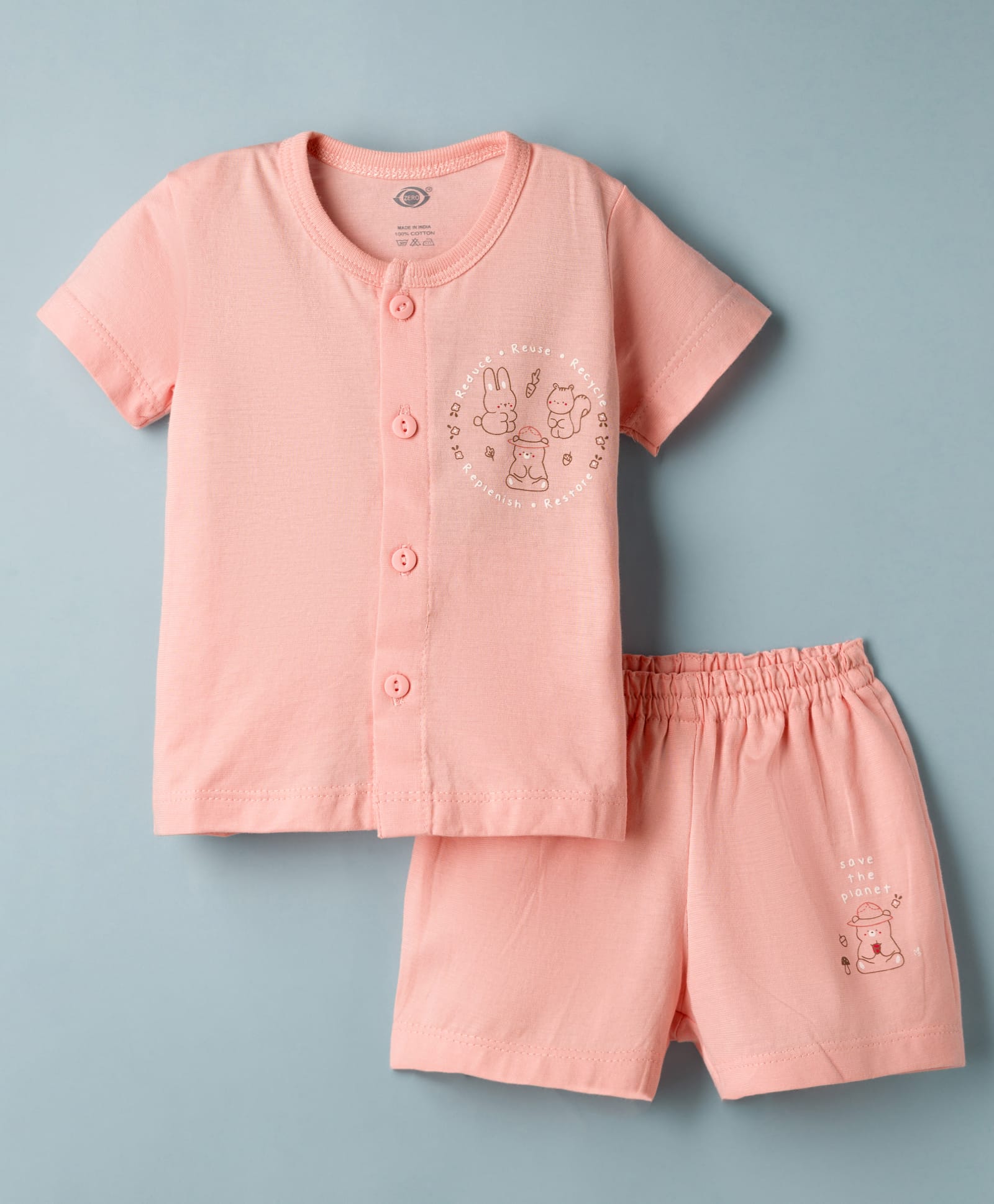 Zero Knit Half Sleeves T-Shirt & Shorts Night Suit With Animal Print - Peach-picture-45