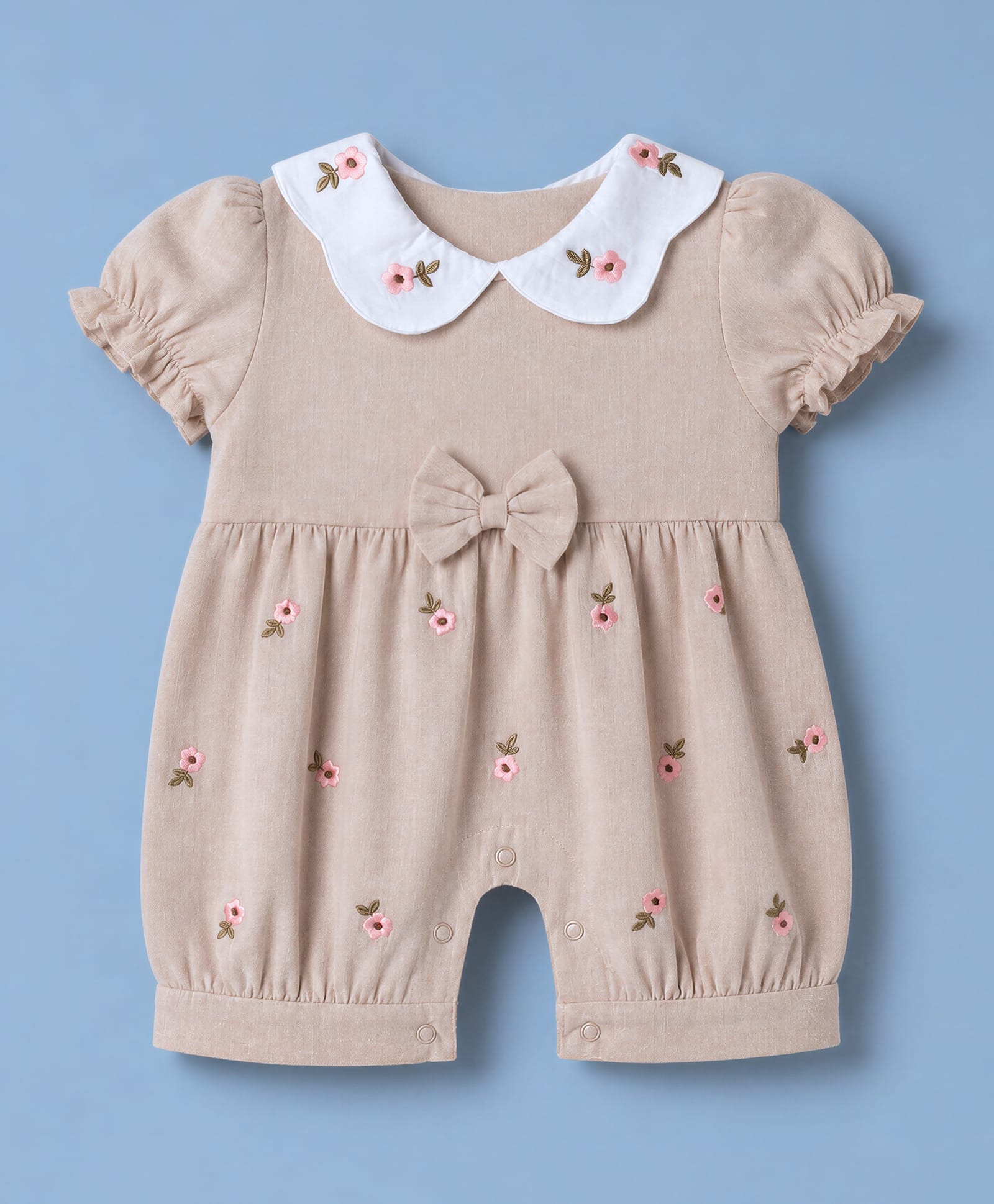ToffyHouse Interlock Knit Half Sleeves Romper with Floral Embroidery - Tan-image-39