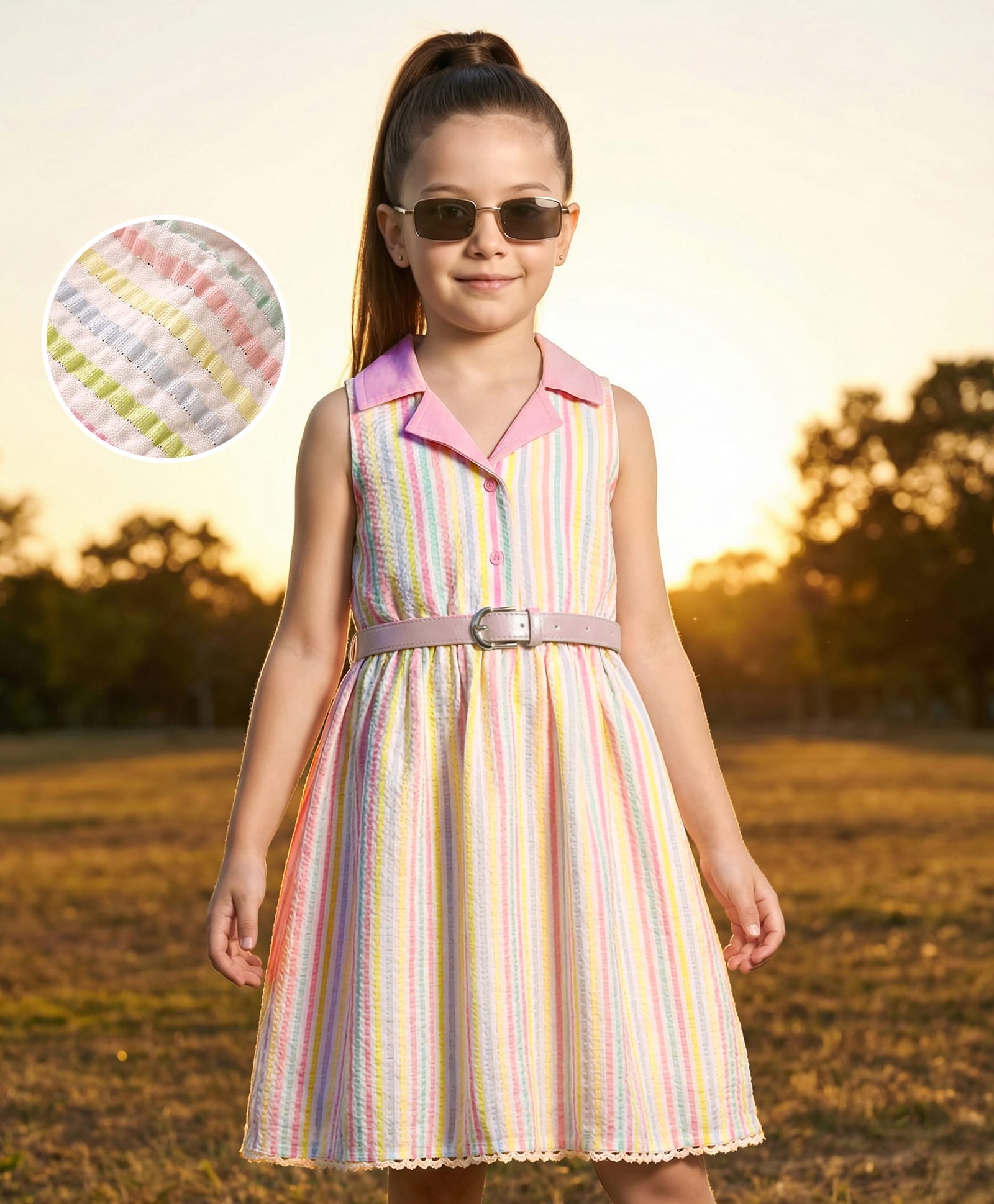 Hola Bonita Woven Sleeveless Striped Knee Length Shirt Dress with Belt - White & Pink-image-20
