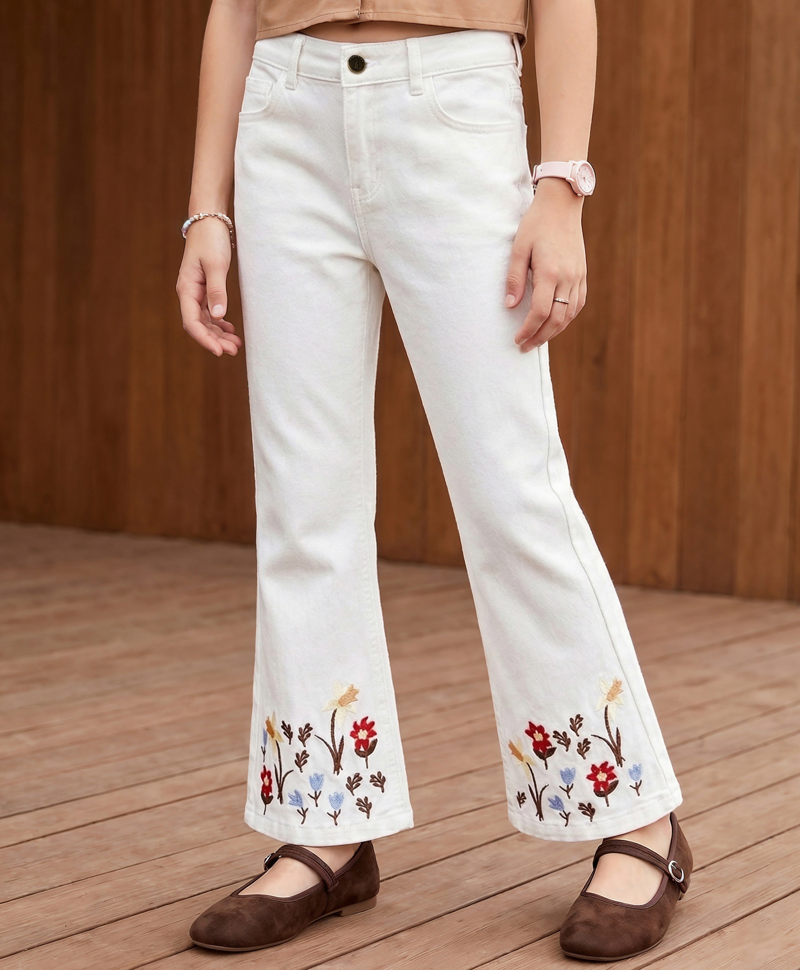 Pine Kids Denim Woven Full Length Denim Jeans with Floral Embroidery - White-image-6
