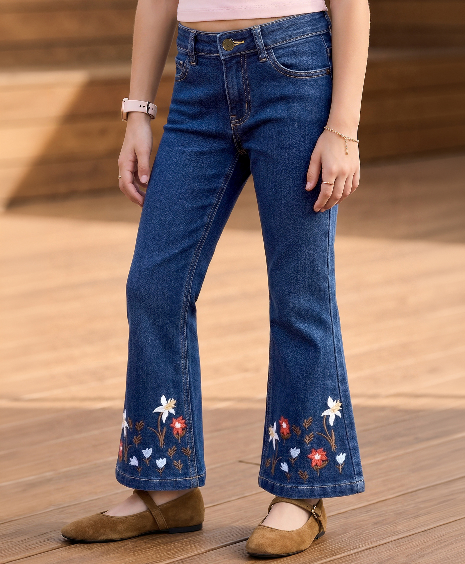 Pine Kids Denim Woven Full Length Denim Jeans with Floral Embroidery - Blue-image-0