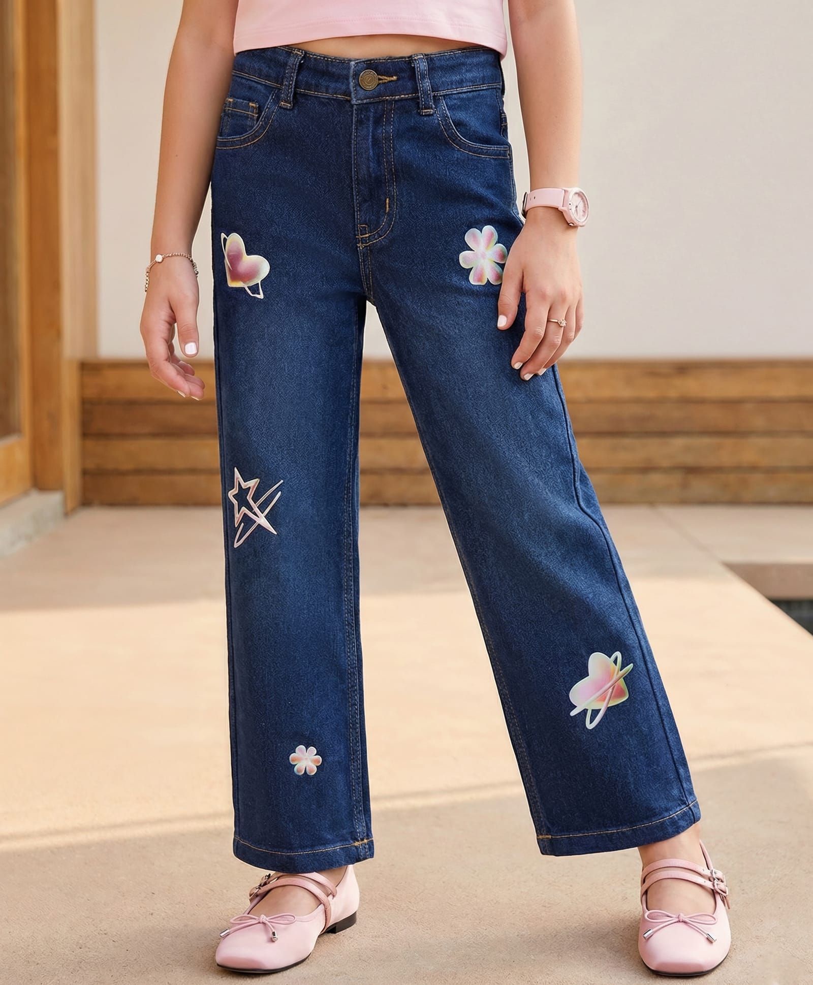 Pine Kids Denim Woven Full Length Hearts & Floral Printed Jeans - Navy Blue-picture-23