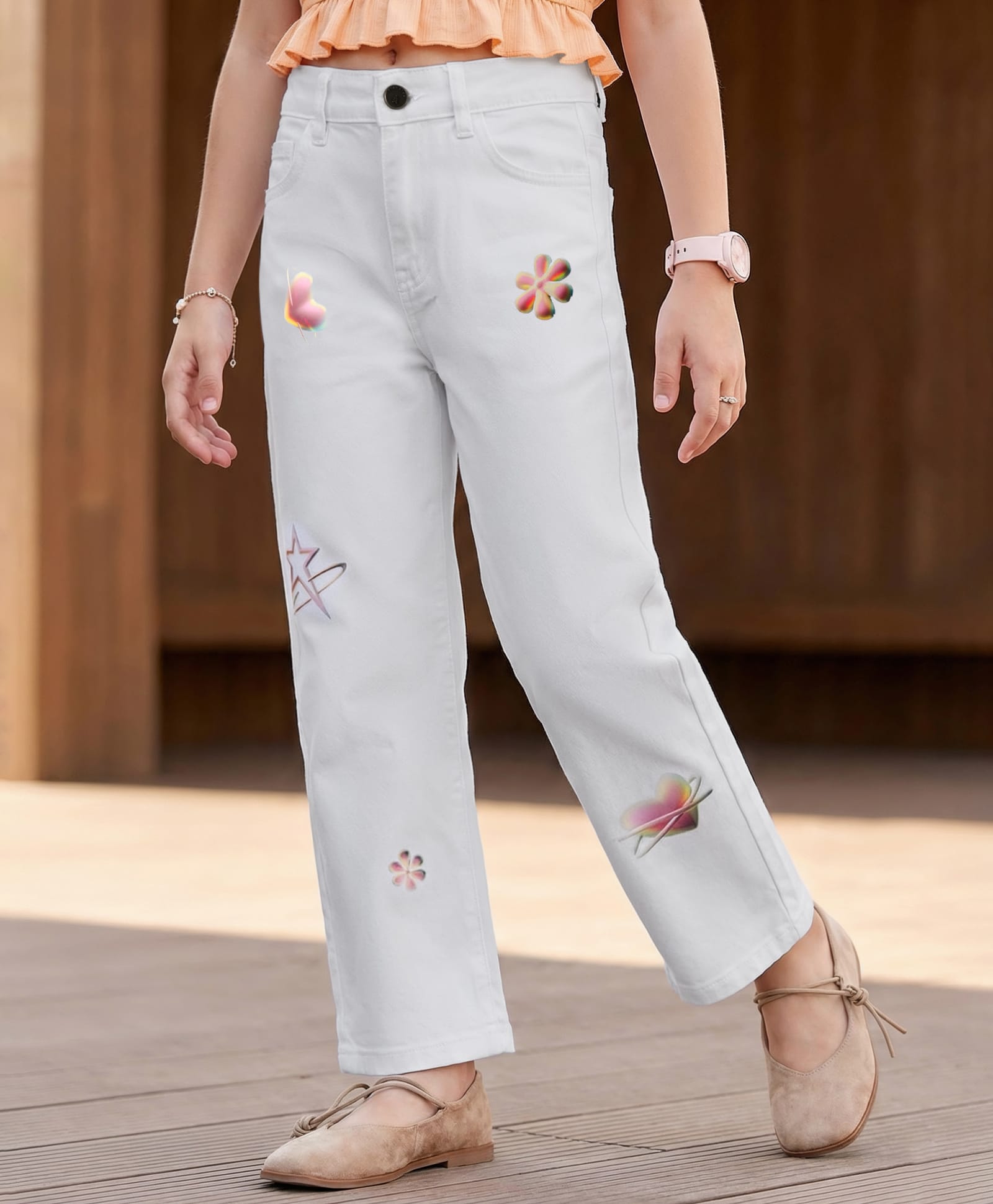 Pine Kids Denim Woven Full Length Hearts & Floral Printed Jeans - White-picture-13