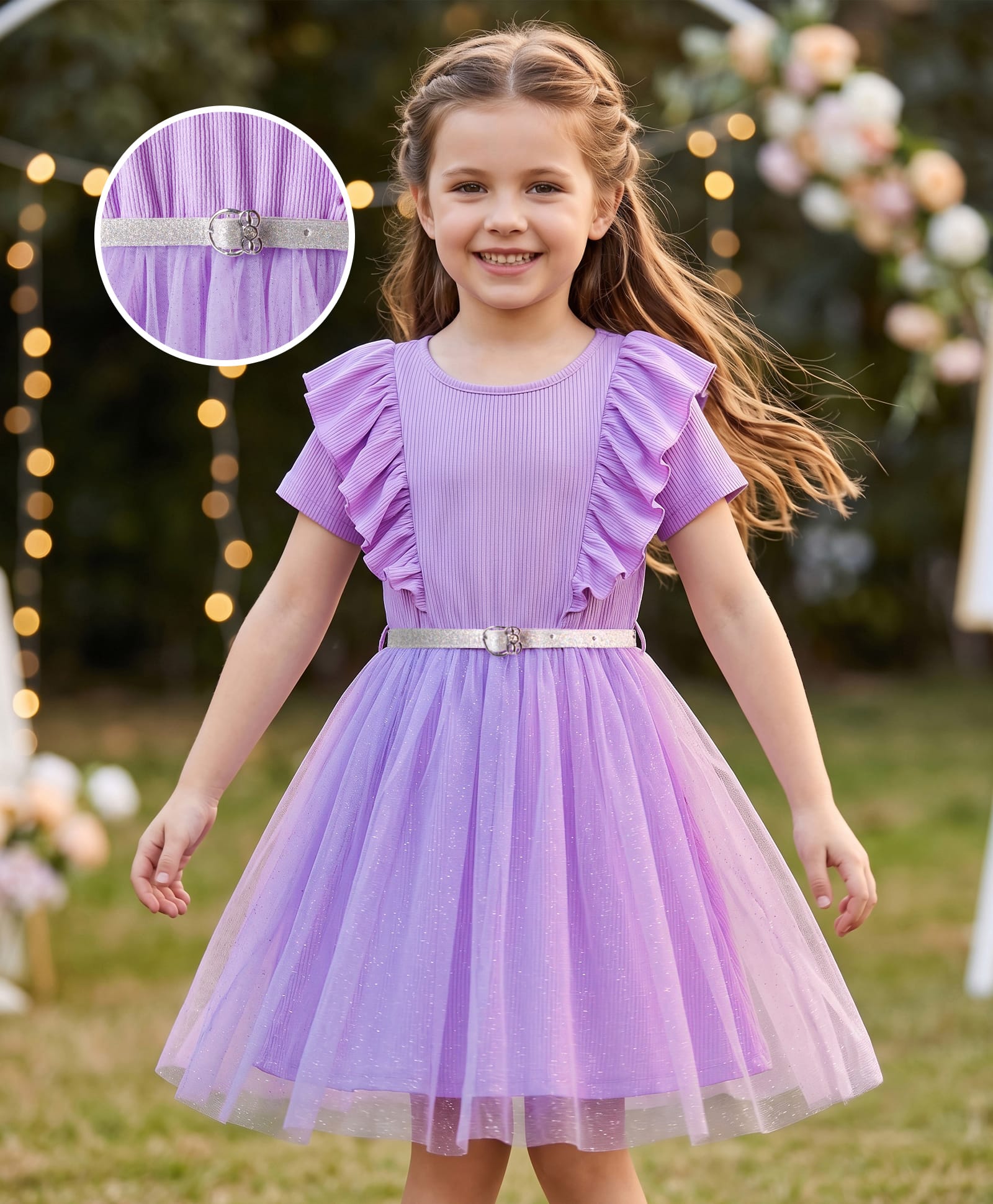 Hola Bonita Knit Half Sleeves Solid Color Dress with Belt & Frill Detailing - Lavender-image-40