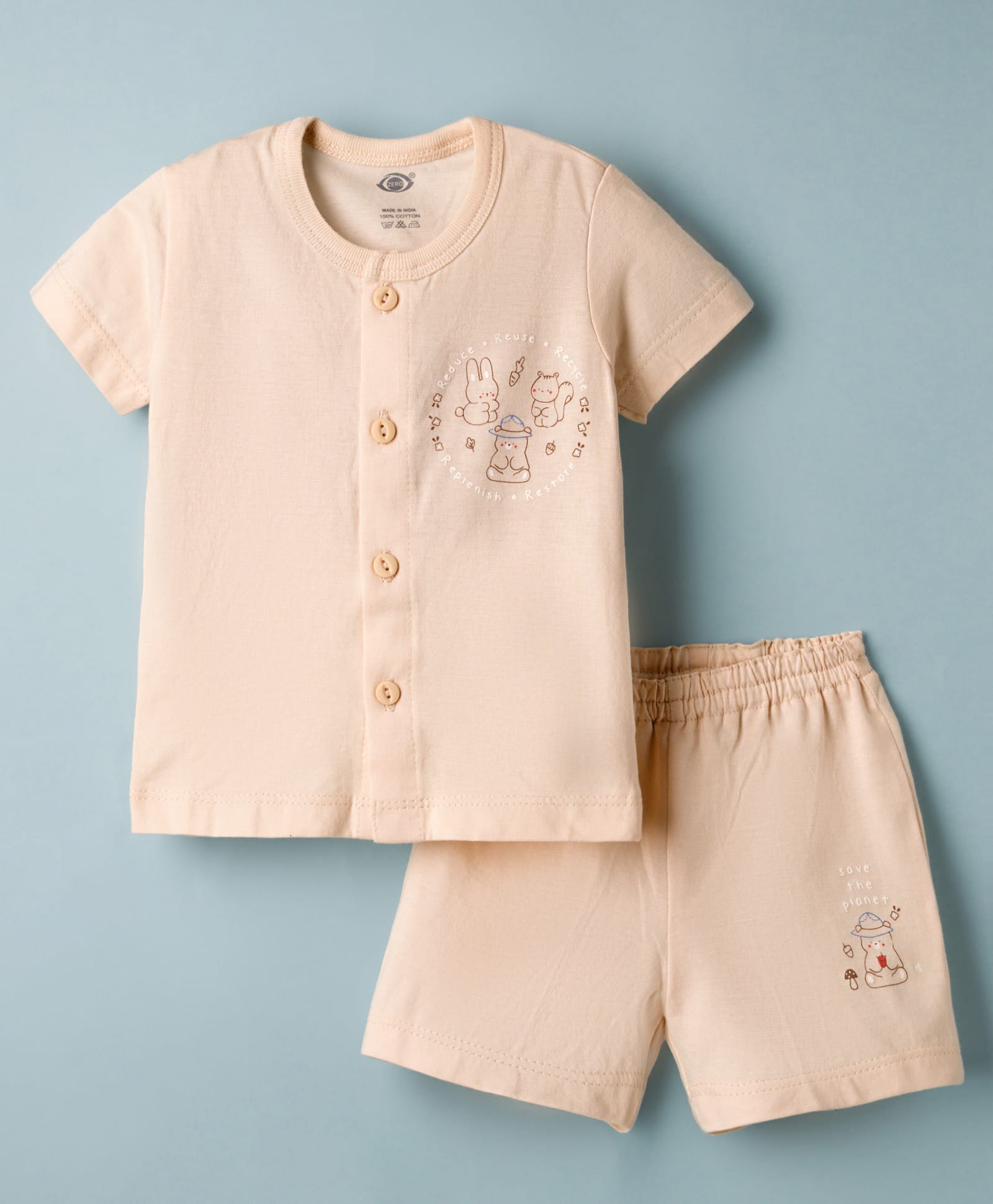 Zero Knit Half Sleeves T-Shirt & Shorts Night Suit With Animal Print - Beige-picture-8