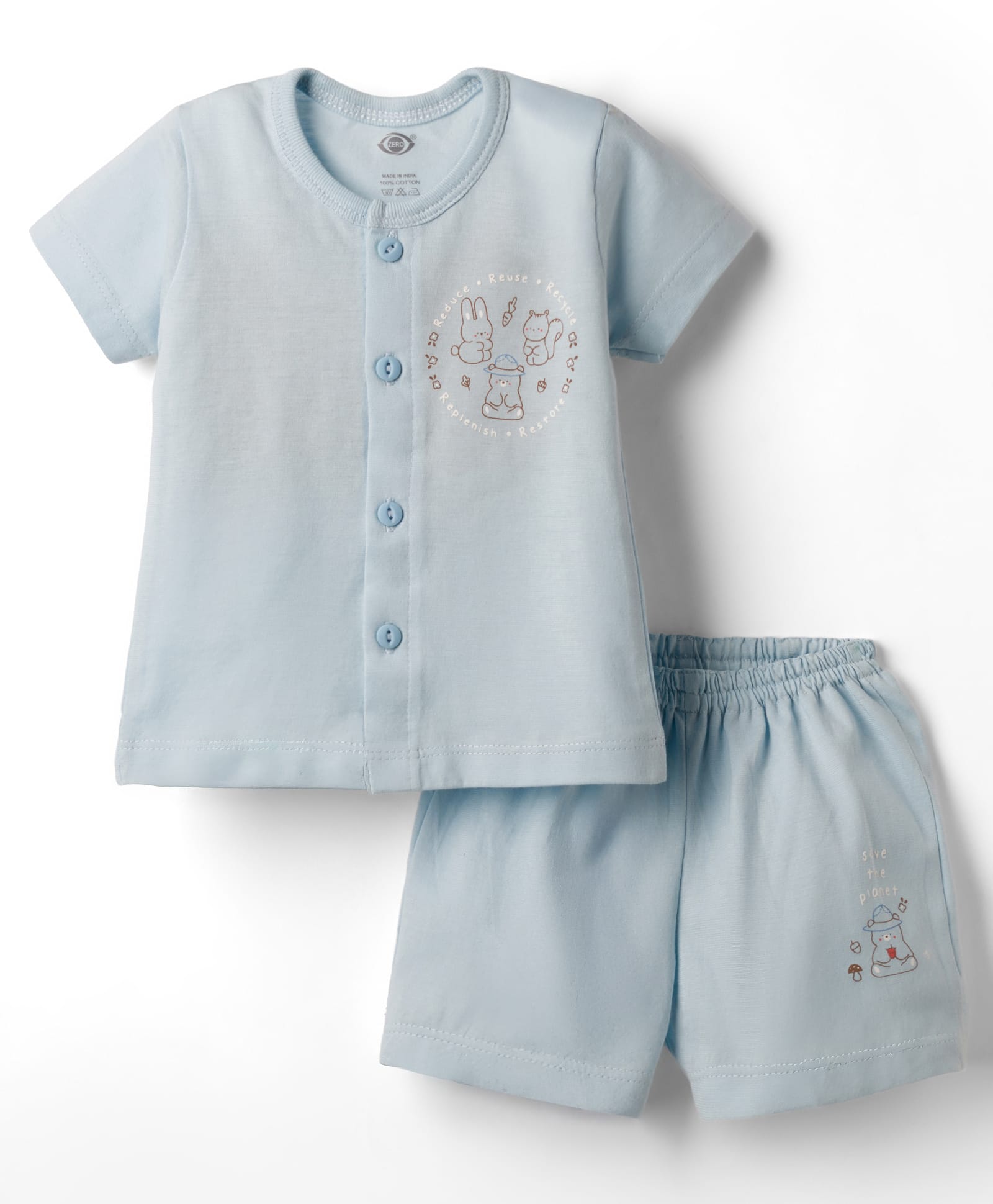 Zero Knit Half Sleeves T-Shirt & Shorts Night Suit With Animal Print - Aqua-picture-11