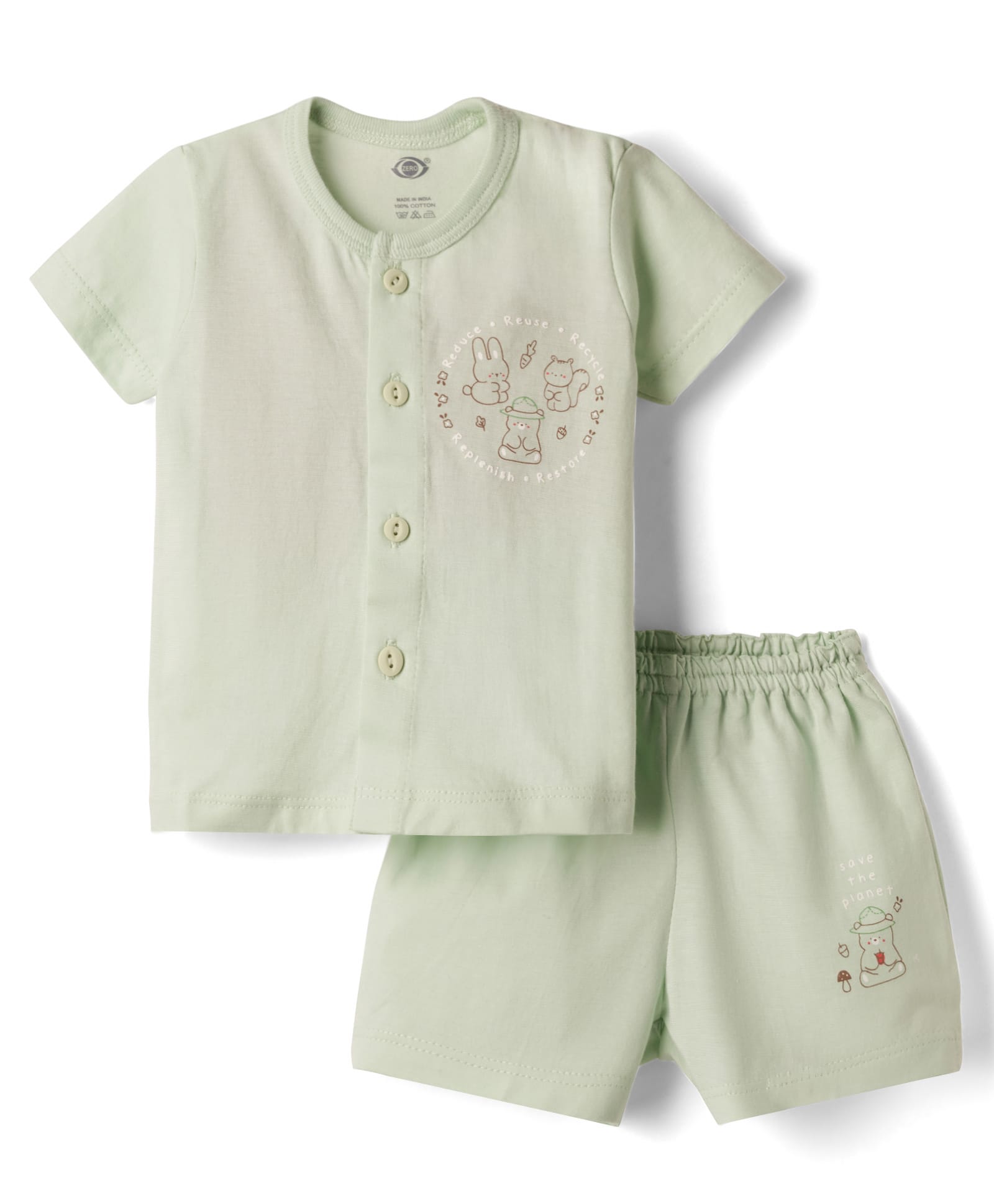 Zero Knit Half Sleeves T-Shirt & Shorts Night Suit With Animal Print - Mint-picture-9