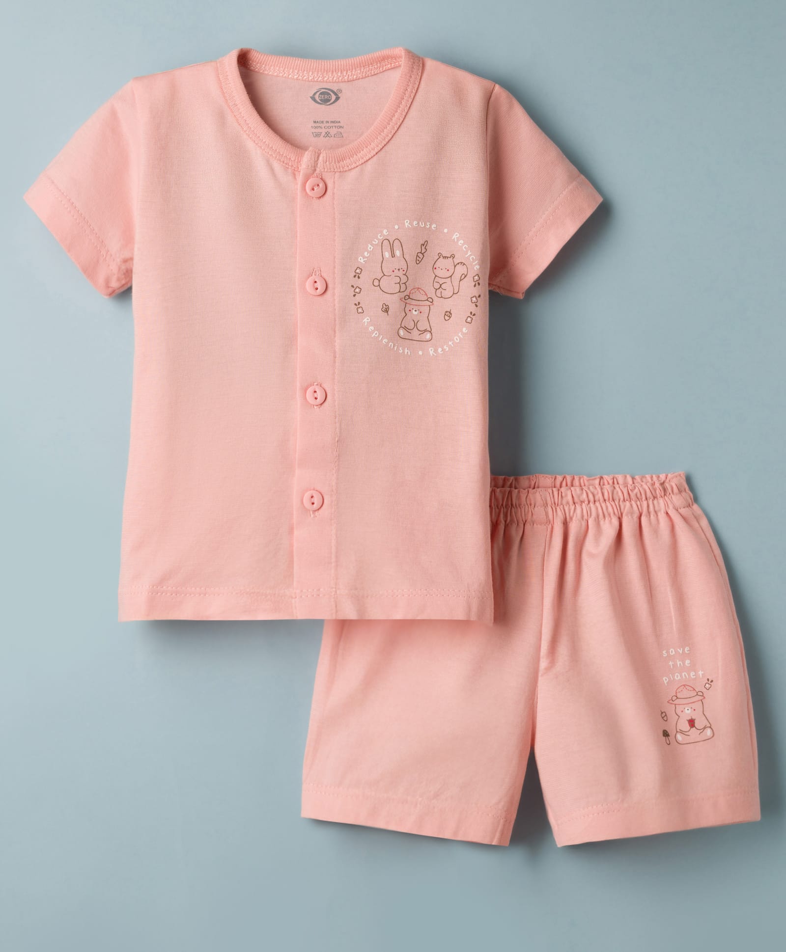 Zero Knit Half Sleeves T-Shirt & Shorts Night Suit With Animal Print - Peach-picture-15