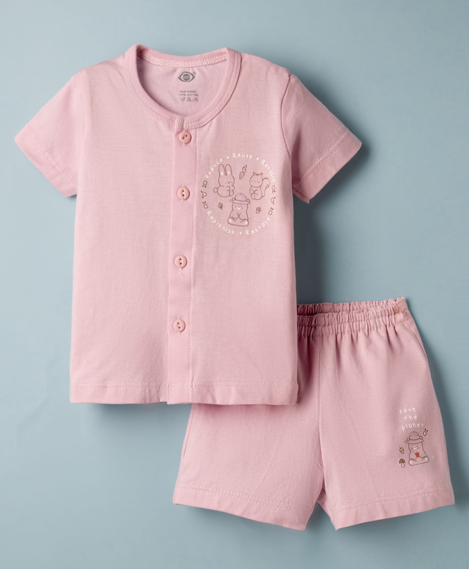 Zero Knit Half Sleeves T-Shirt & Shorts Night Suit With Animal Print - Lilac-image-49