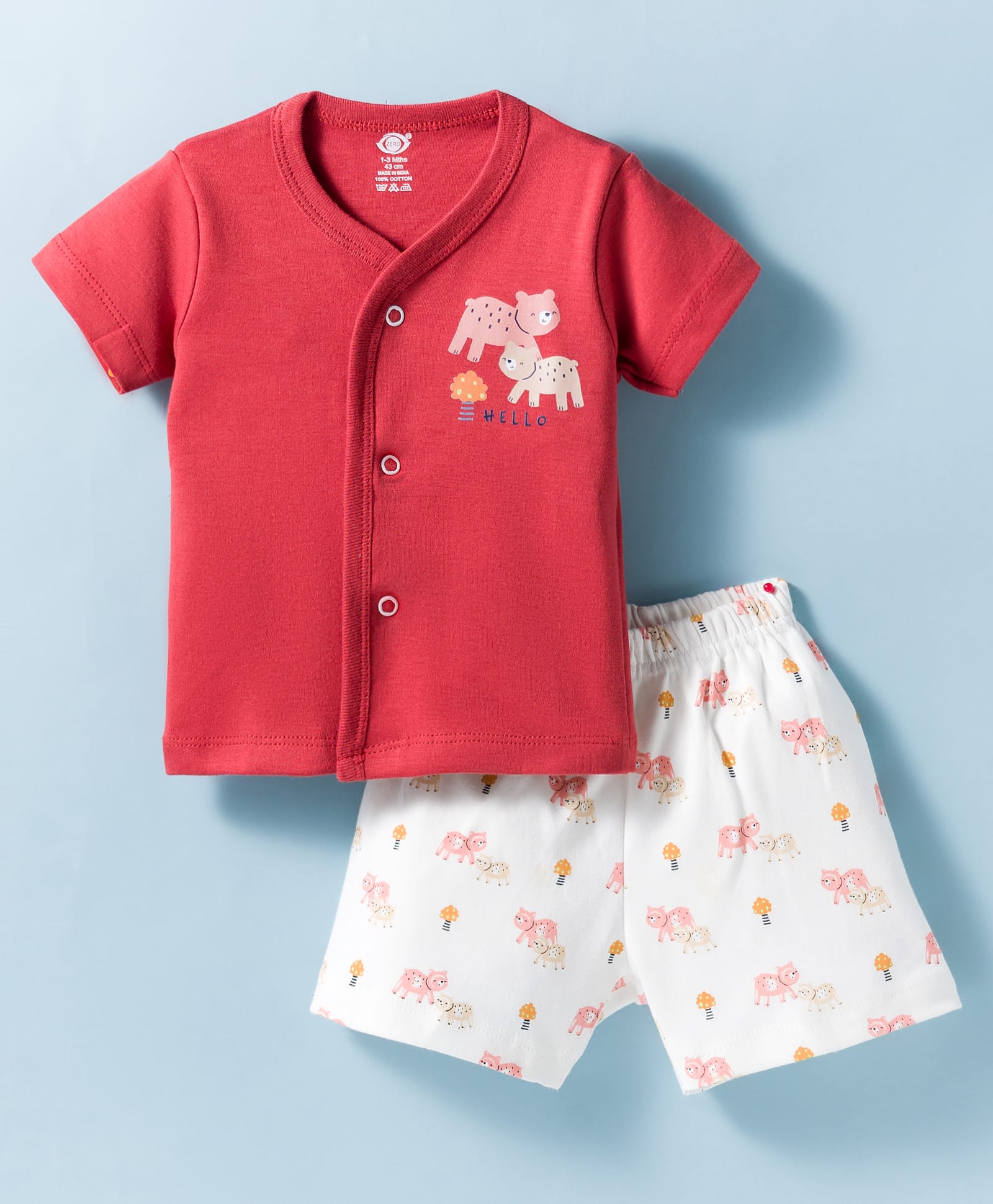 Zero Knit Half Sleeves T-Shirt & Shorts Night Suit With Animal Print - Red & White-picture-20