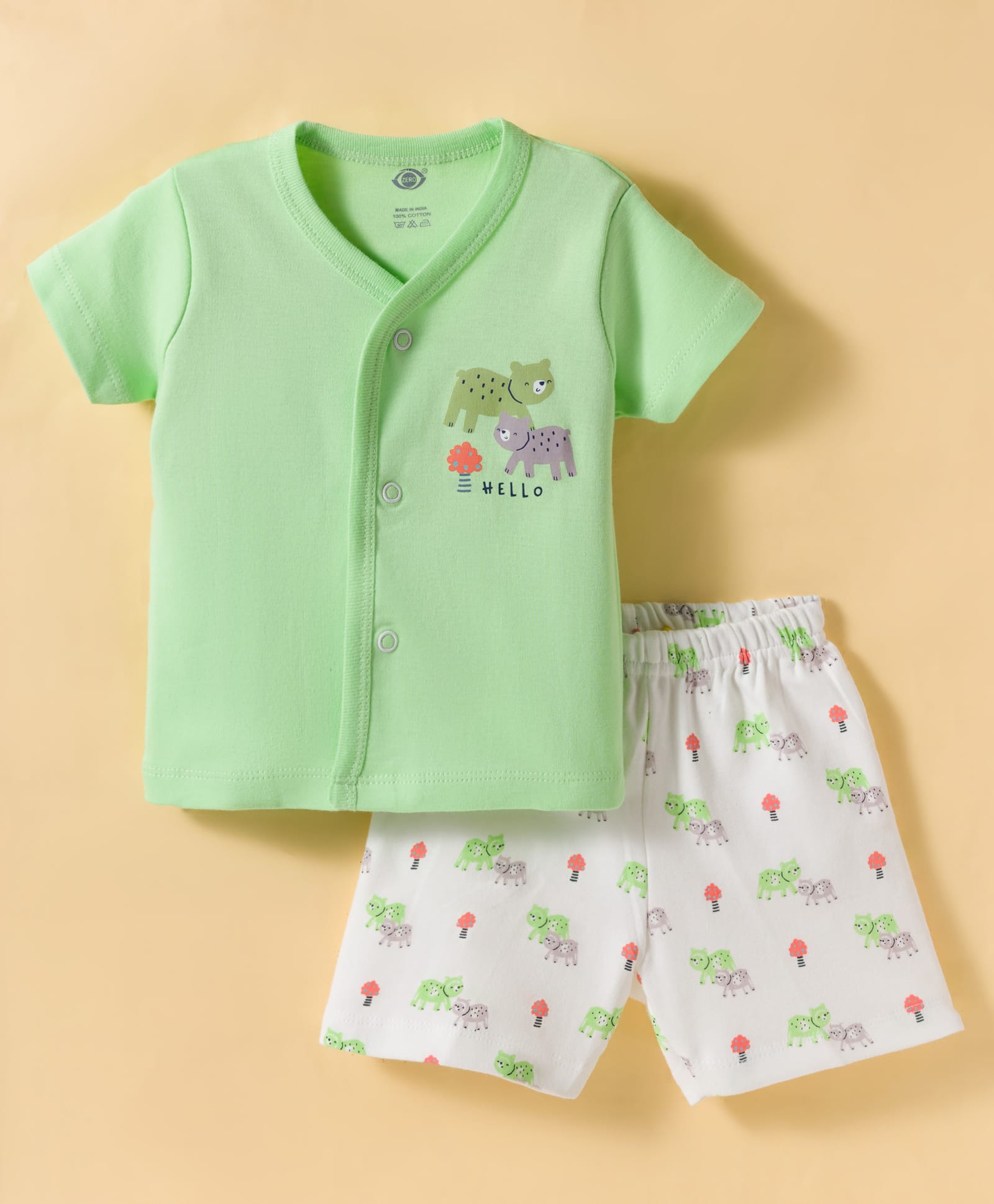Zero Knit Half Sleeves T-Shirt & Shorts Night Suit With Animal Print - Light Green & White-image-21
