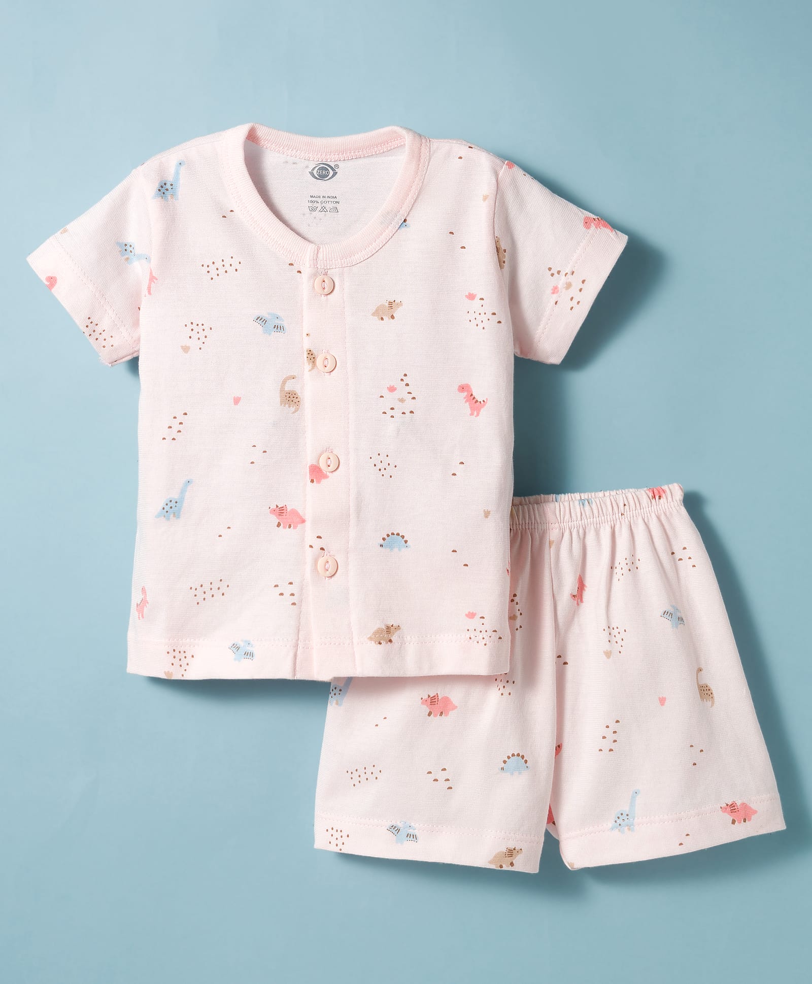Zero Knit Half Sleeves T-Shirt & Shorts Co-ord Night Suit With Dino Print - Baby Pink-picture-29
