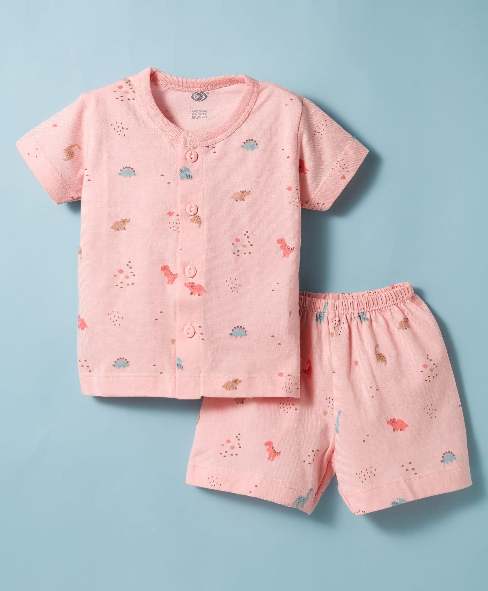 Zero Knit Half Sleeves T-Shirt & Shorts Co-ord Night Suit With Dino Print - Peach-picture-24