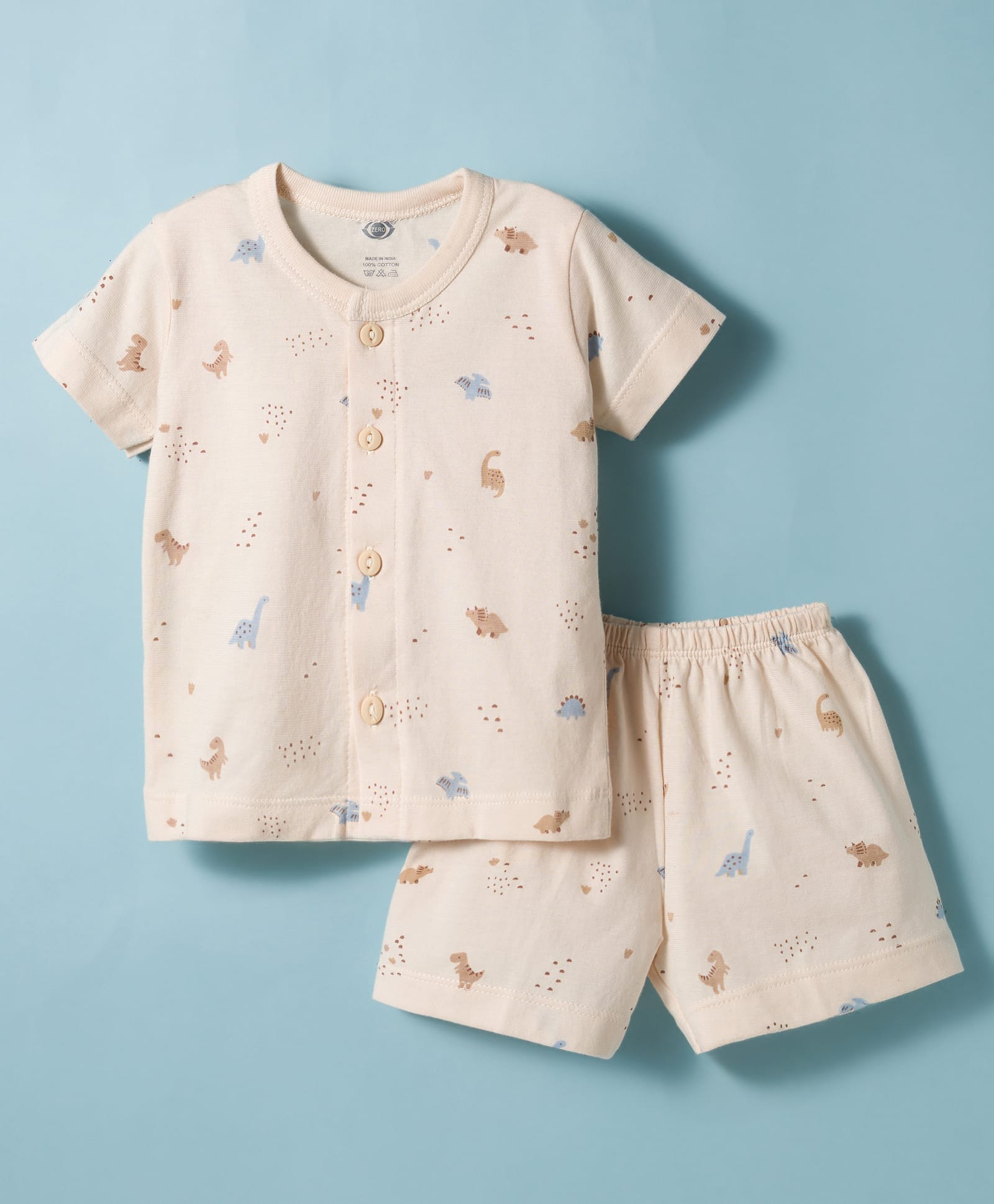 Zero Knit Half Sleeves T-Shirt & Shorts Co-ord Night Suit With Dino Print - Beige-picture-44