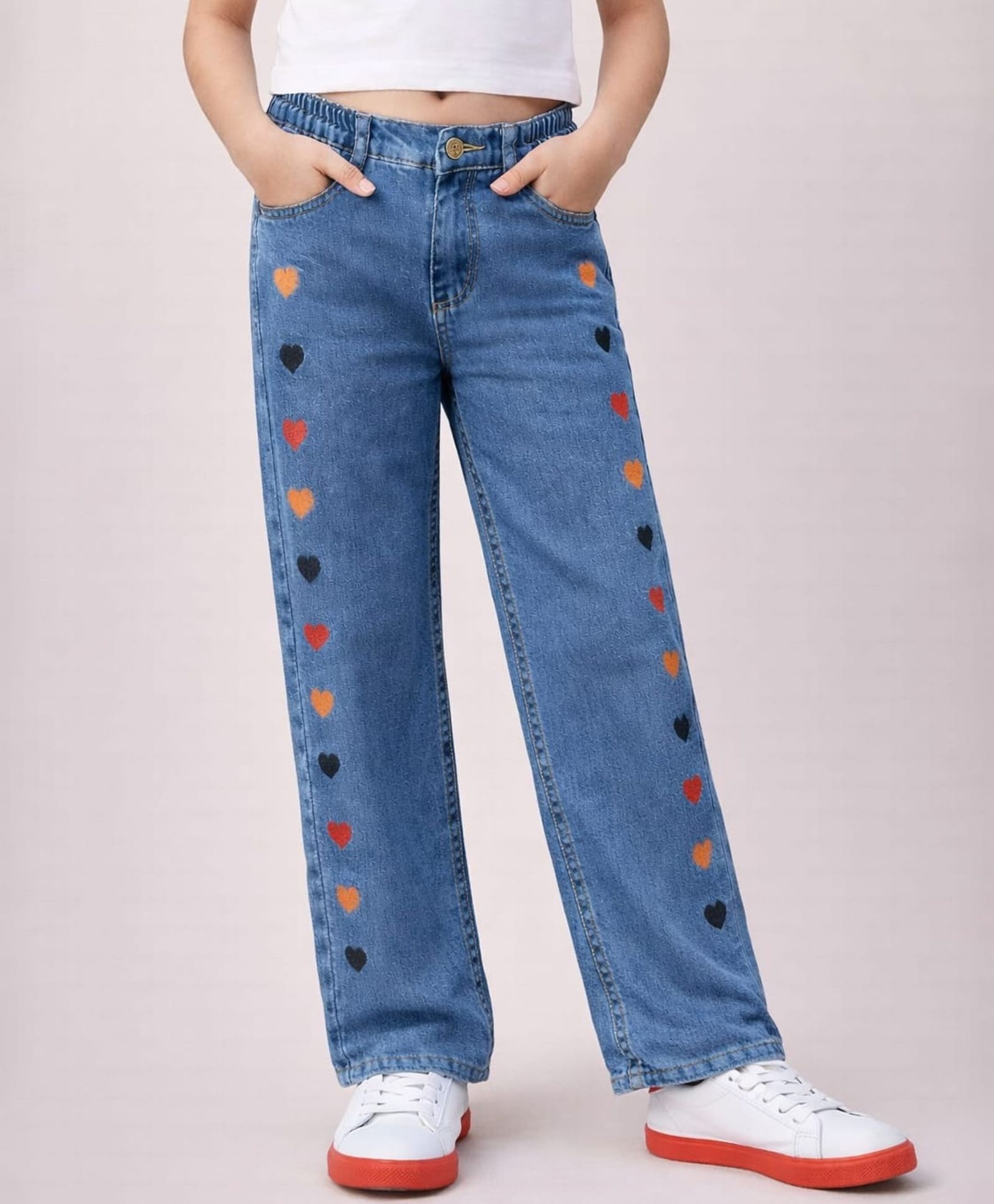 Nino Togs Denim Woven Hearts Embroidered Mild Washed Jeans - Medium Blue-picture-24