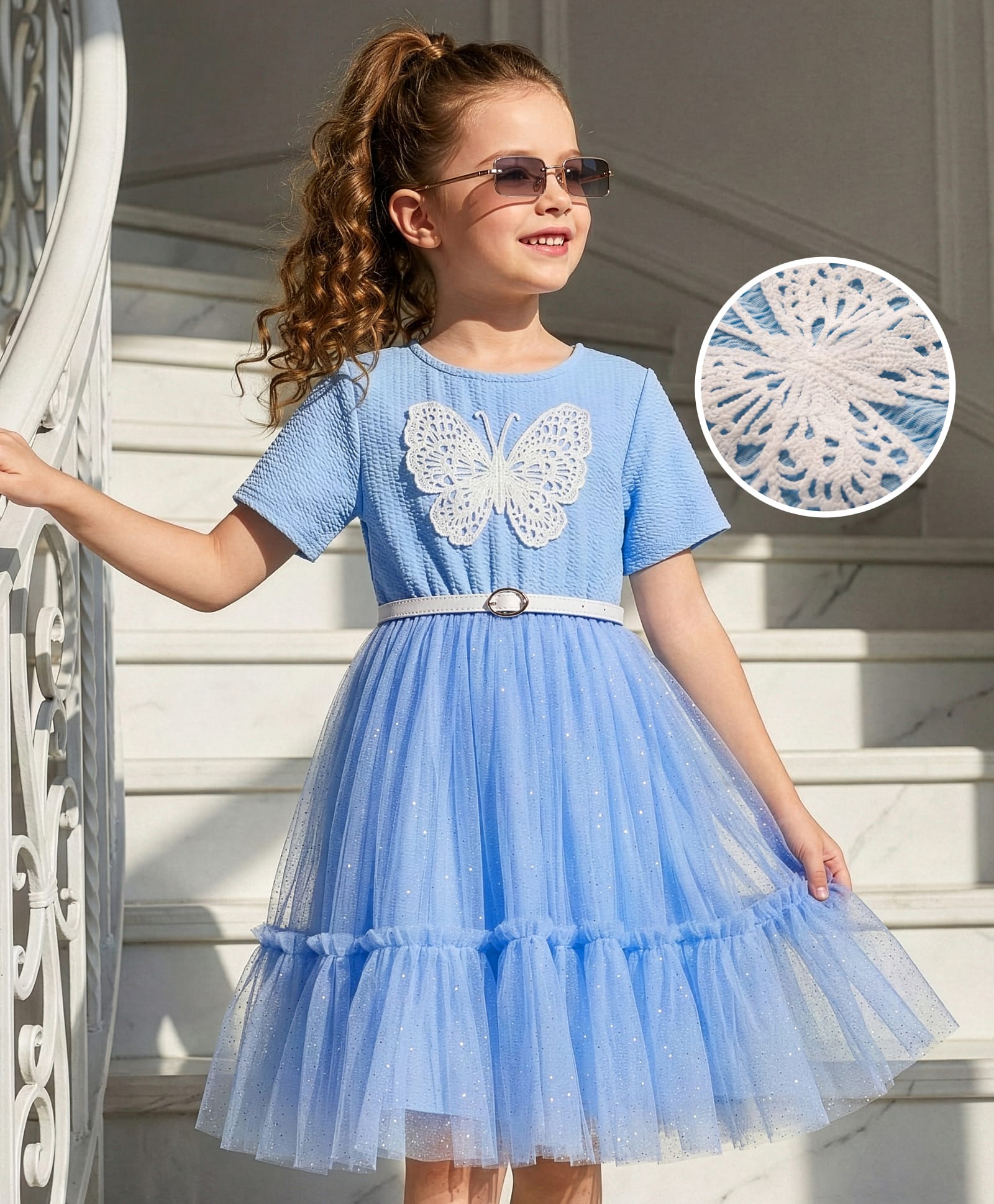 Hola Bonita Knit Half Sleeves Dress With Butterfly Applique & Belt - Blue-image-21