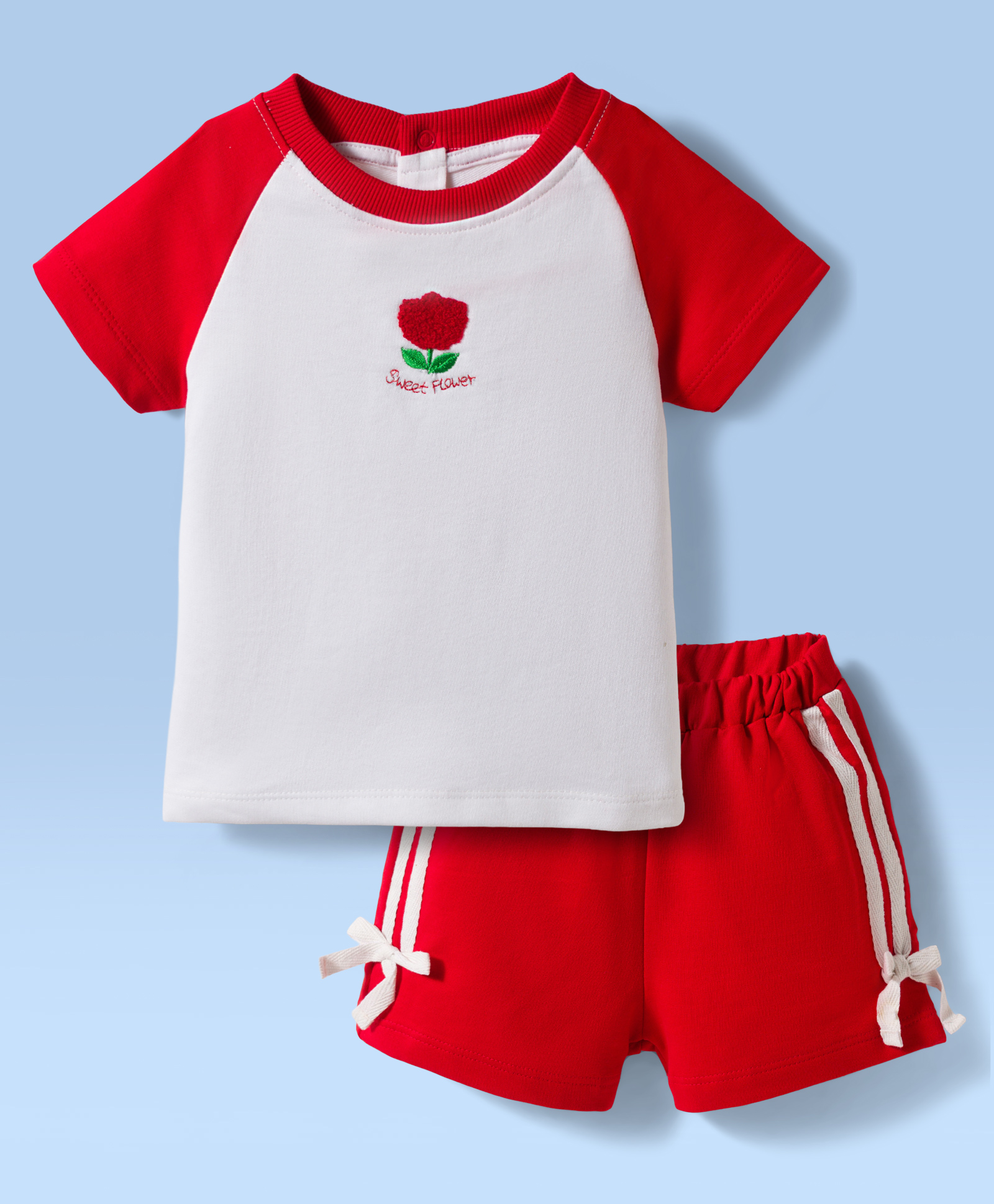 Babyoye 100% Cotton Knit Raglan Half Sleeves Floral Embroidered T-Shirt & Shorts Set - Red & White-picture-29
