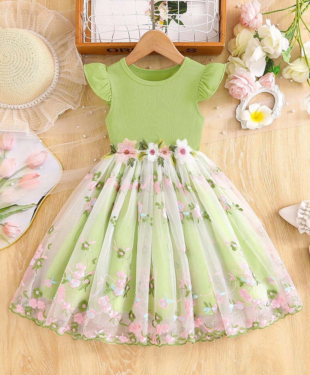 tior Mesh Knit Cap Sleeves Floral Embroidered Dress - Light Green-image-22