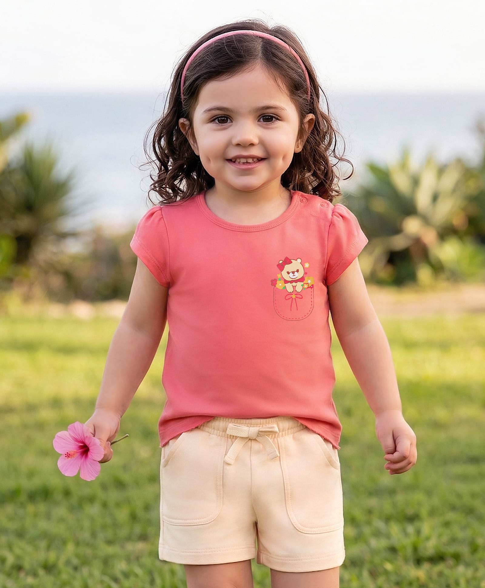 Babyoye Cotton Knit Half Cap Sleeves T-Shirt & Shorts Set with Bear Print - Coral & White-image-44