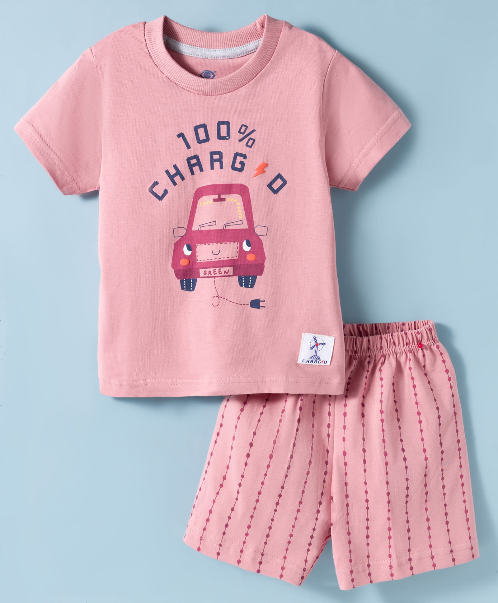 Zero Knit Half Sleeves T-Shirt & Shorts Set With Car Print - Peach-picture-35