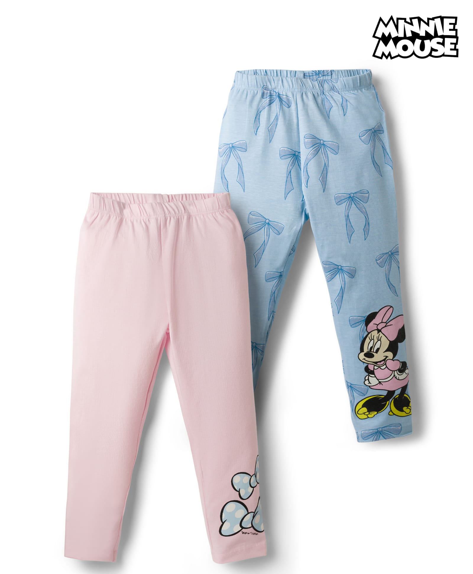 Babyhug Disney Knit Full Length Leggings with Minnie Mouse Graphics Pack of 2 - Pink & Light Blue-image-4