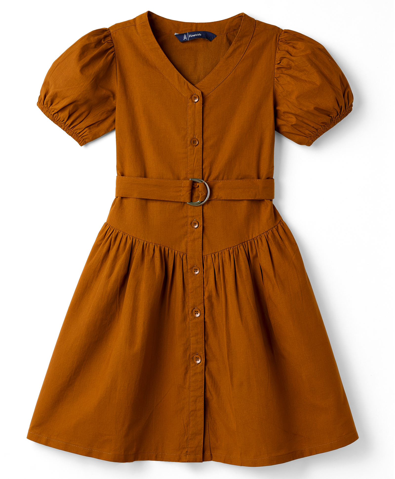 Pine Kids Cotton Woven One Piece Dresses/Frocks with Puff Sleeves and V-Neck LEATHER BROWN 10-11 Years-image-19