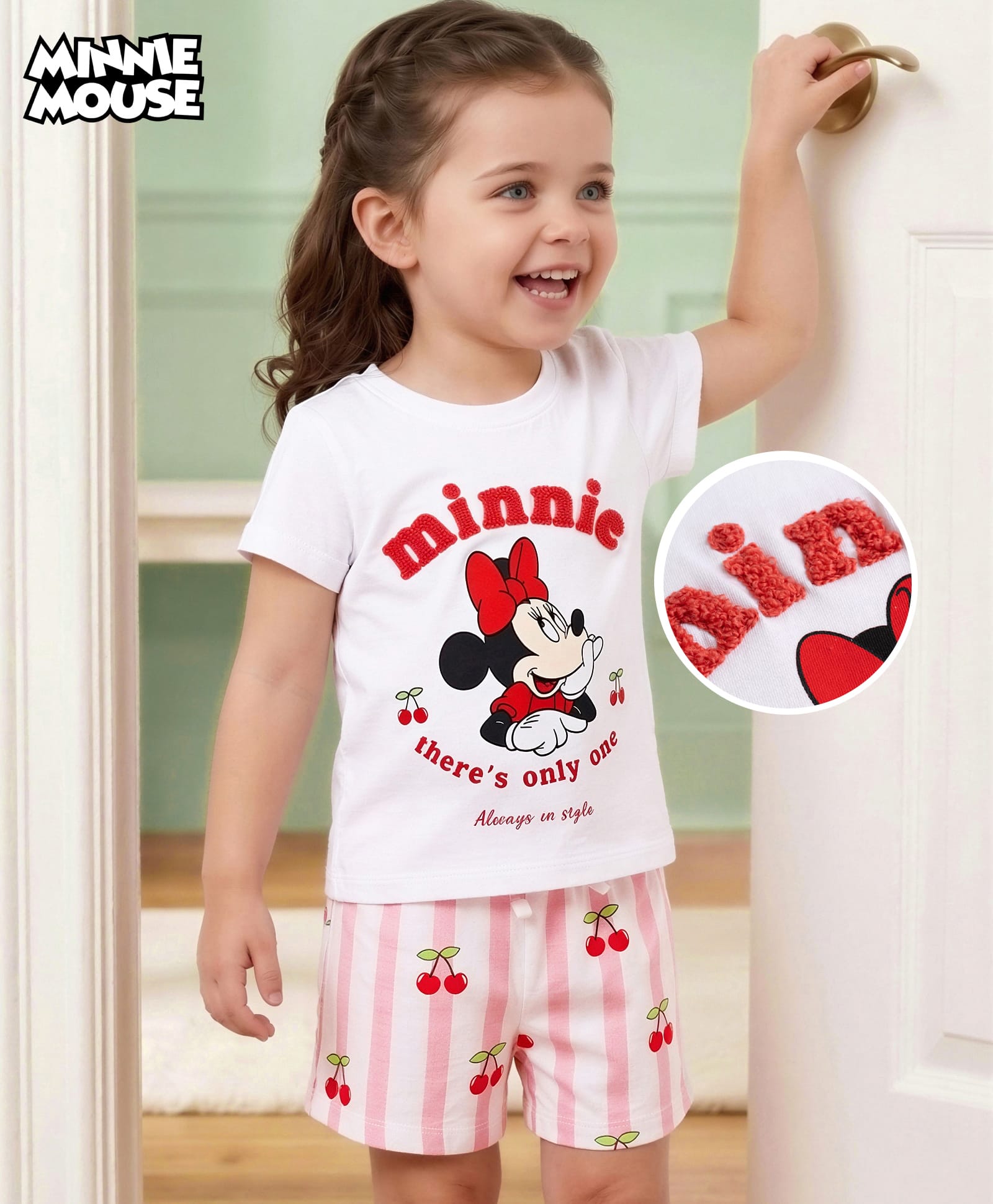Babyhug Disney Single Jersey Knit Half Sleeves T-Shirt & Striped Shorts Night Suit With Minnie Mouse Graphic & Cherry Print - White-image-34
