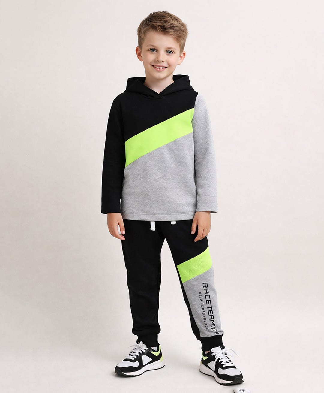 Little Marine Cotton Blend Knit Full Sleeves Colour Blocked Hooded Winter Sweatshirt With Jogger Pant Set - Multi Colour-picture-5