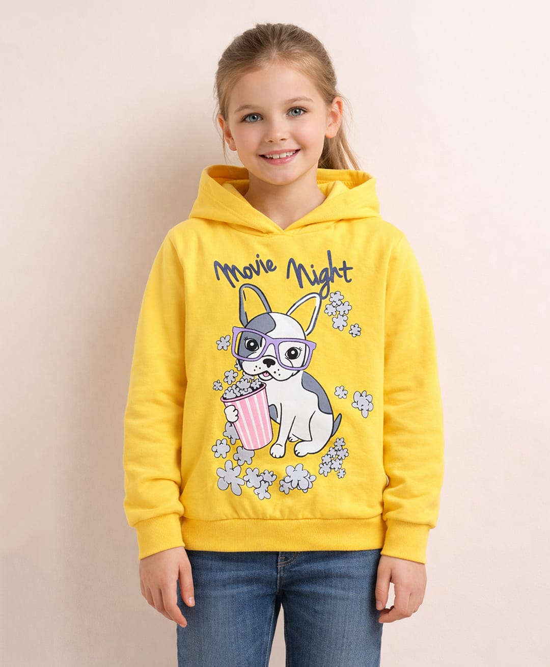 Little Marine Fleece Knit Full Sleeves Cat & Movie Night Text Printed Light Winter Hooded Sweatshirt - Yellow-image-1