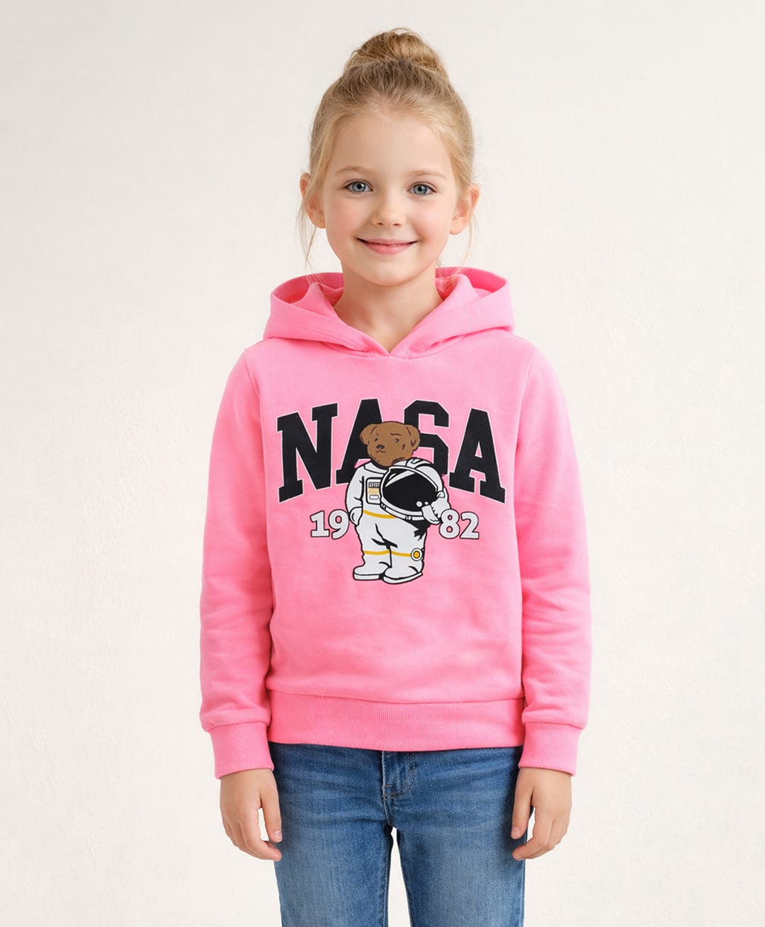 Little Marine Fleece Knit Full Sleeves Nasa Text & Astronaut Printed Light Winter Hooded Sweatshirt - Light Pink-picture-13