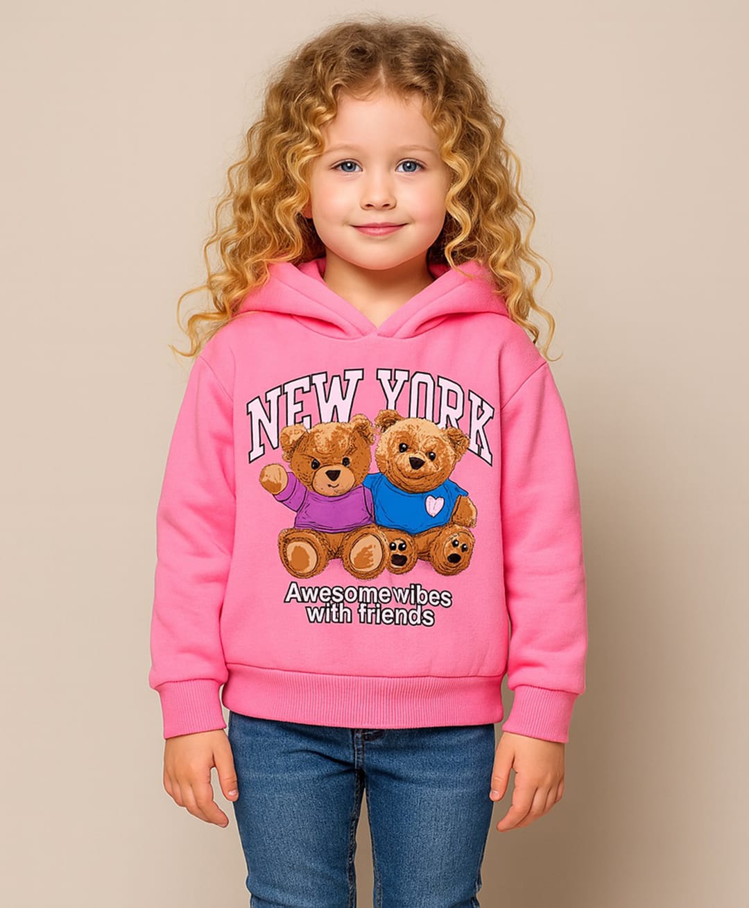 Little Marine Fleece Knit Full Sleeves Teddy Printed Light Winter Hooded Sweatshirt - Pink-picture-12