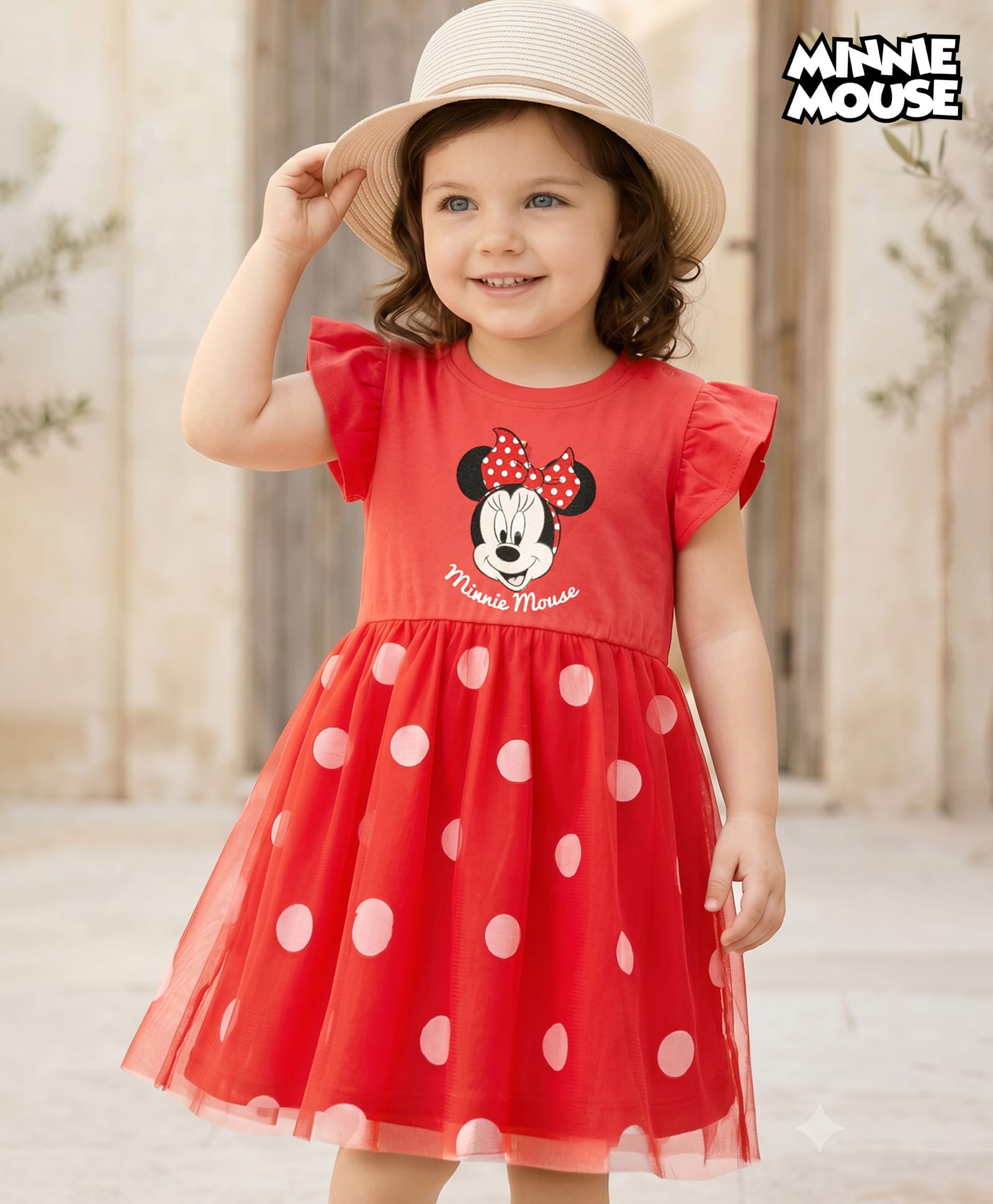 Babyhug Disney 100% Cotton Knit Half Frill Sleeves Frock With Minnie Mouse Graphics & Mesh Detailing - Red-picture-21
