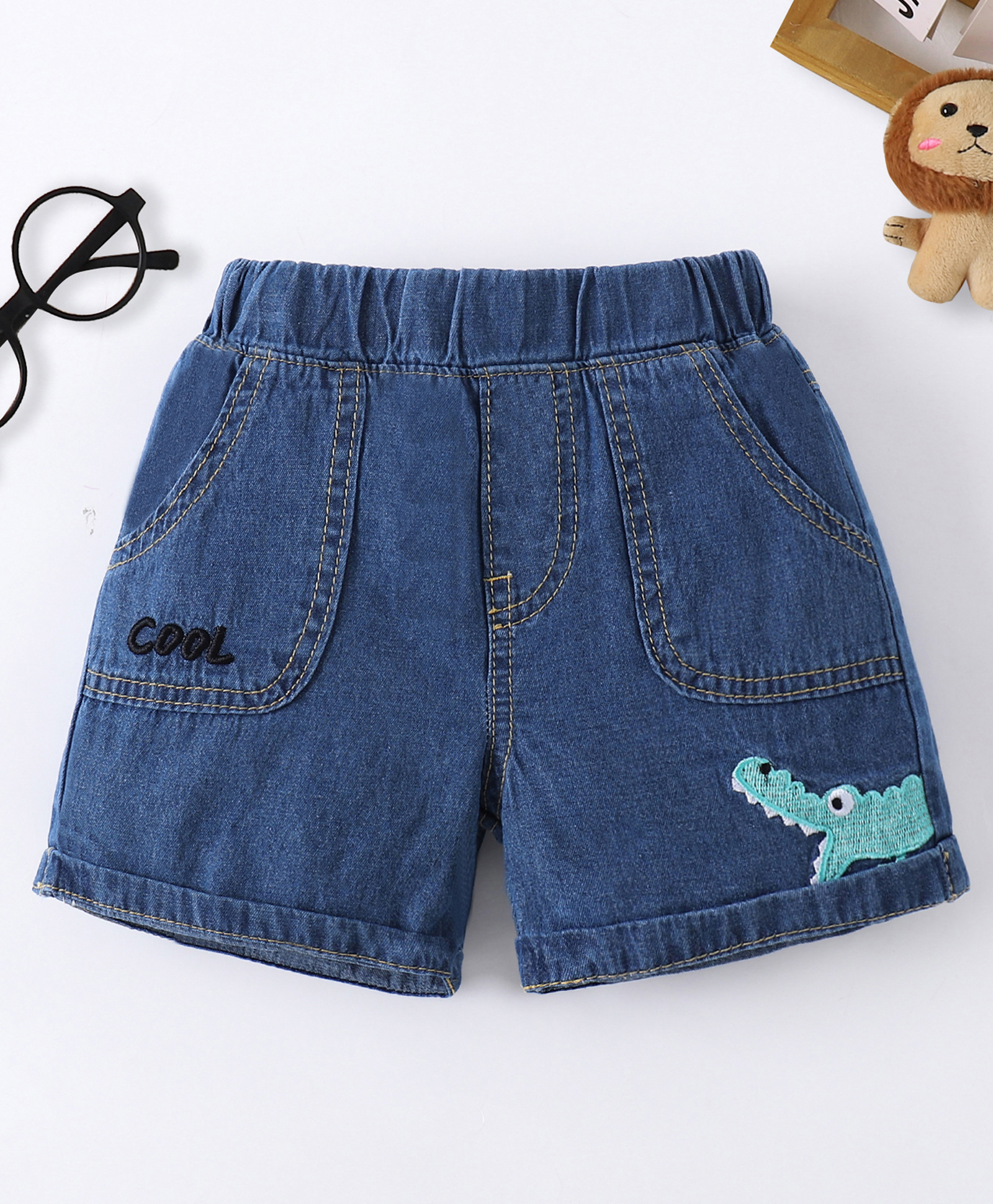 Mark & Mia Cotton Washed Shorts with Crocodile Embroidery - Blue