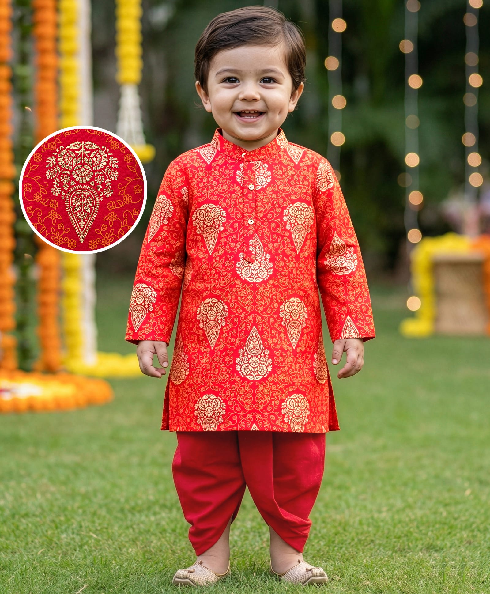 EARTHY TOUCH Cotton Knit Full Sleeves Kurta Dhoti Set with Floral Glitter Print - Red-picture-25