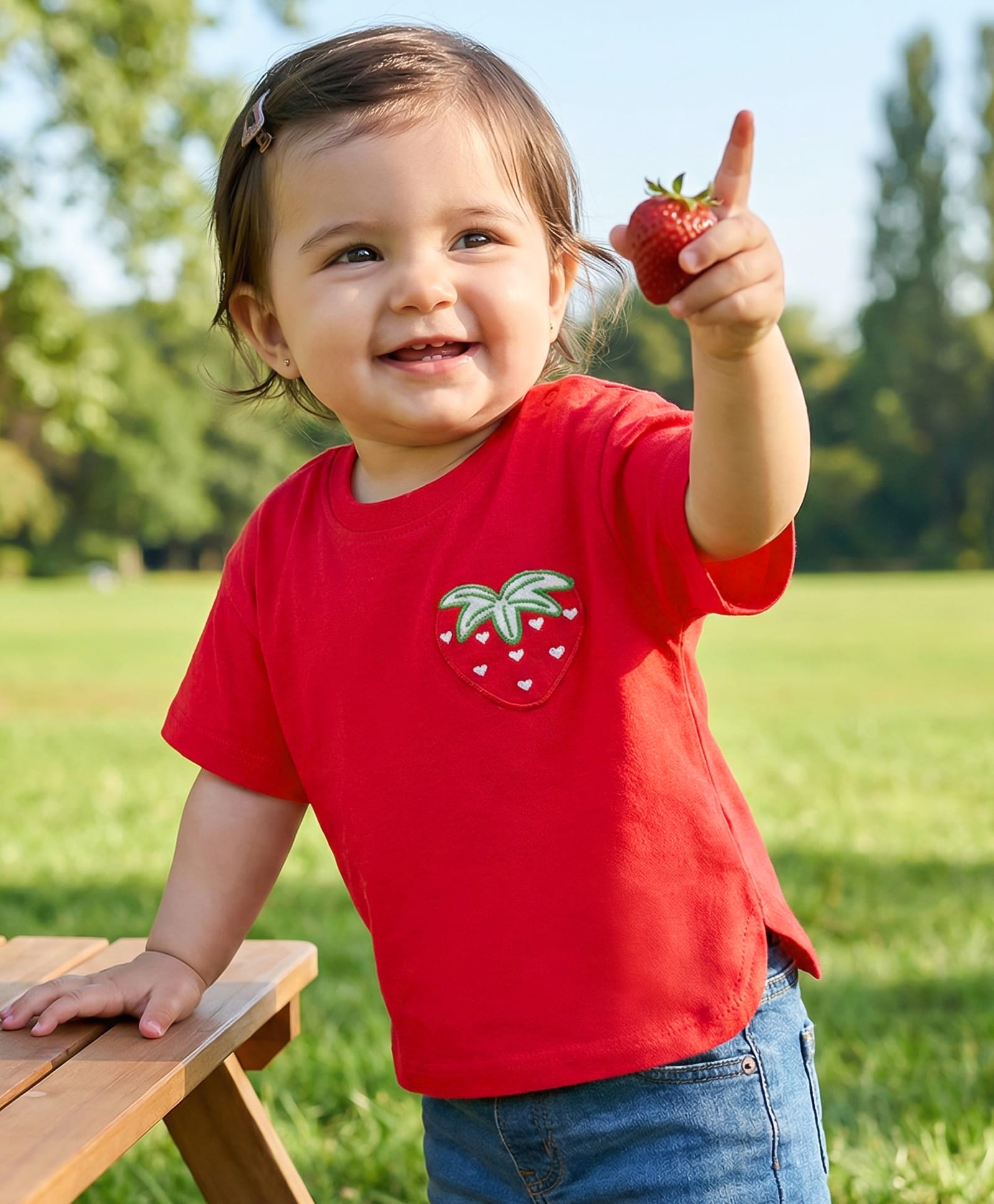 Babyhug Cotton Knit Half Sleeves Oversized T-Shirt with Strawberry Patch Detailing - Red