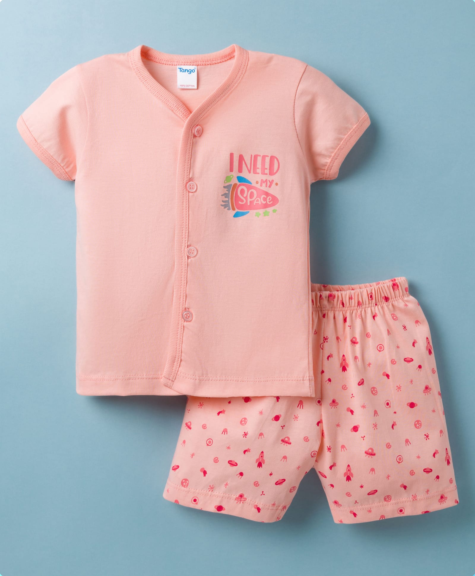 Tango Single Jersey Knit Half Sleeves T-Shirt & Shorts Night Suit With Space Theme Print - Peach-image-49