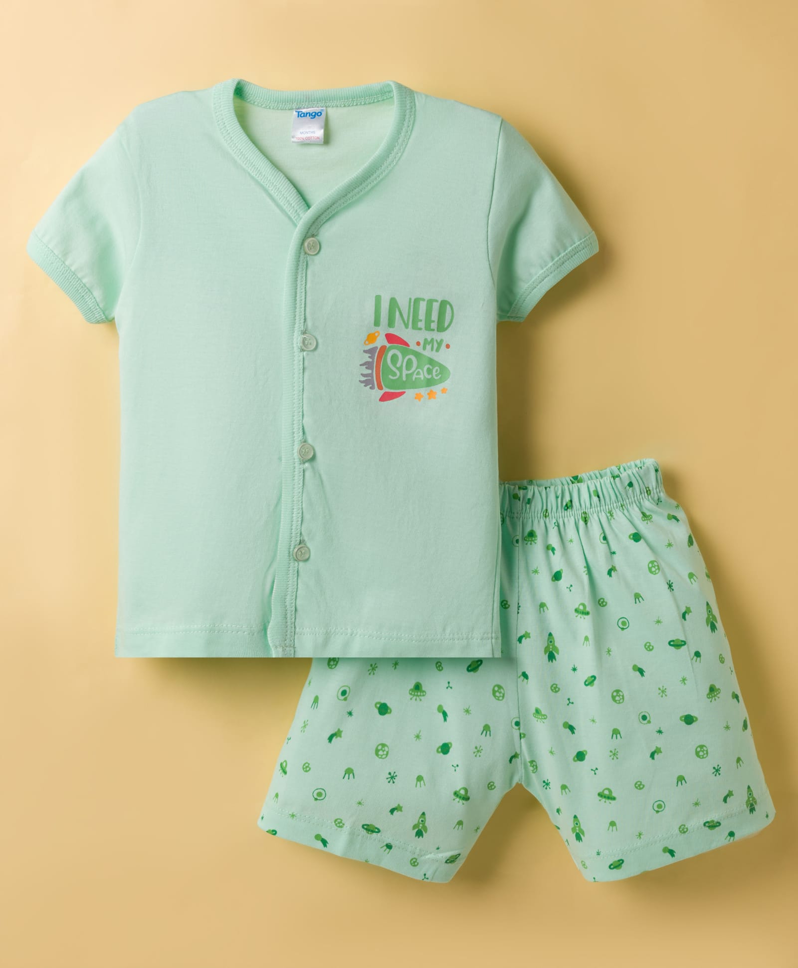 Tango Single Jersey Knit Half Sleeves T-Shirt & Shorts Night Suit With Space Theme Print - Green-picture-3