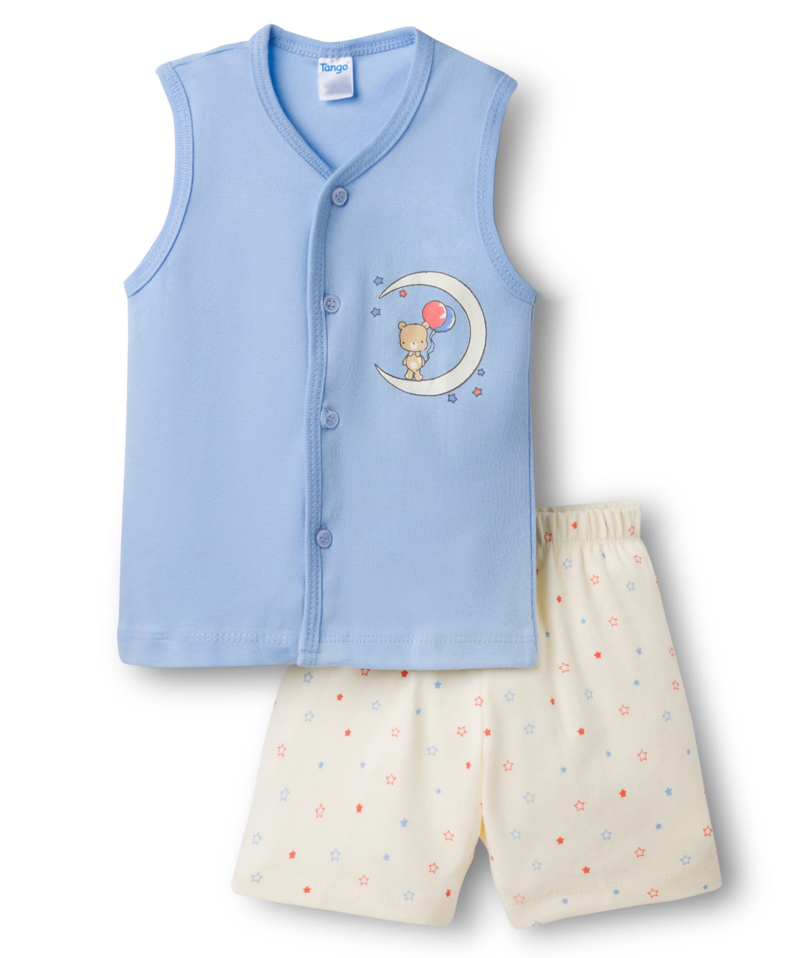 Tango Interlock Knit Sleeveless T-Shirt & Shorts Night Suit With Star Print - Light Blue-picture-2