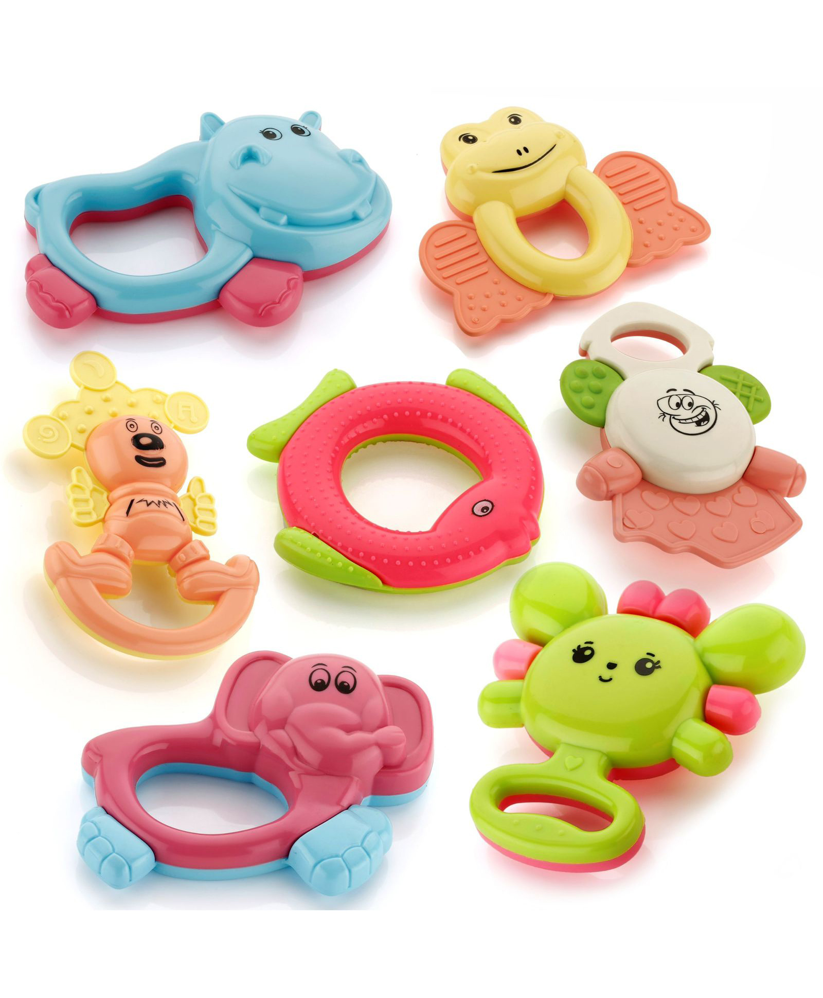 FUNVERSE Set of 7 Premium Rattle Set, Colourful Plastic Non Toxic 7 Attractive Rattles and Teathers for New Borns Multi Color