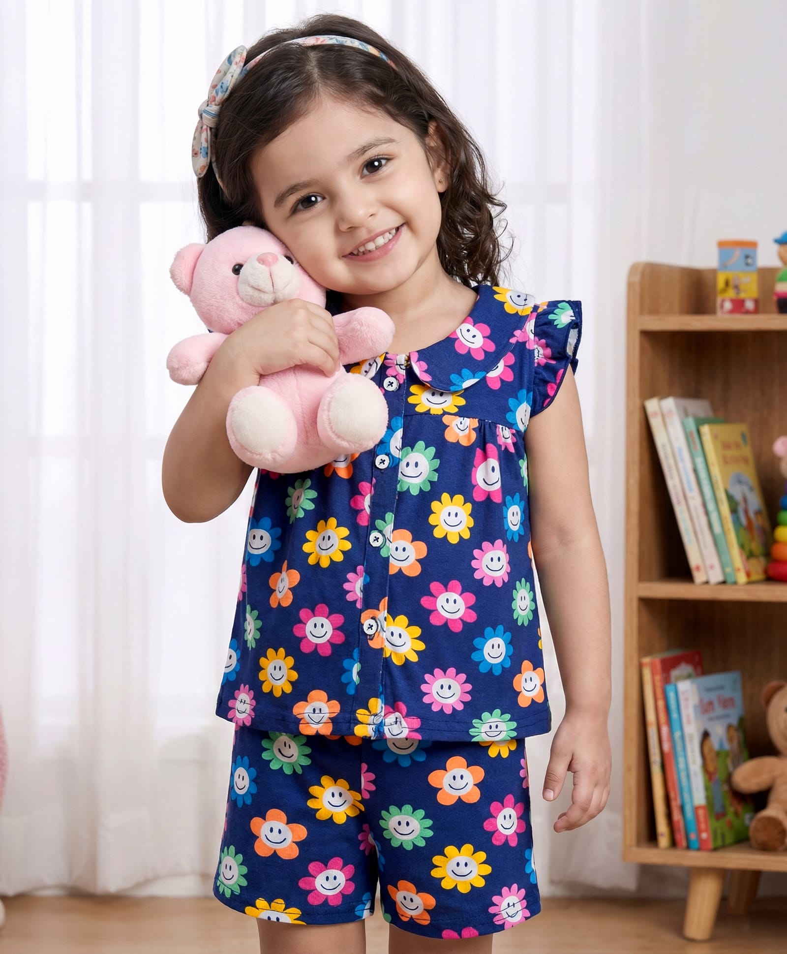 Babyhug Cotton Knit Frill Sleeves Front Open Co-ords Top & Short Night Suit with Floral Print - Navy Blue-picture-28