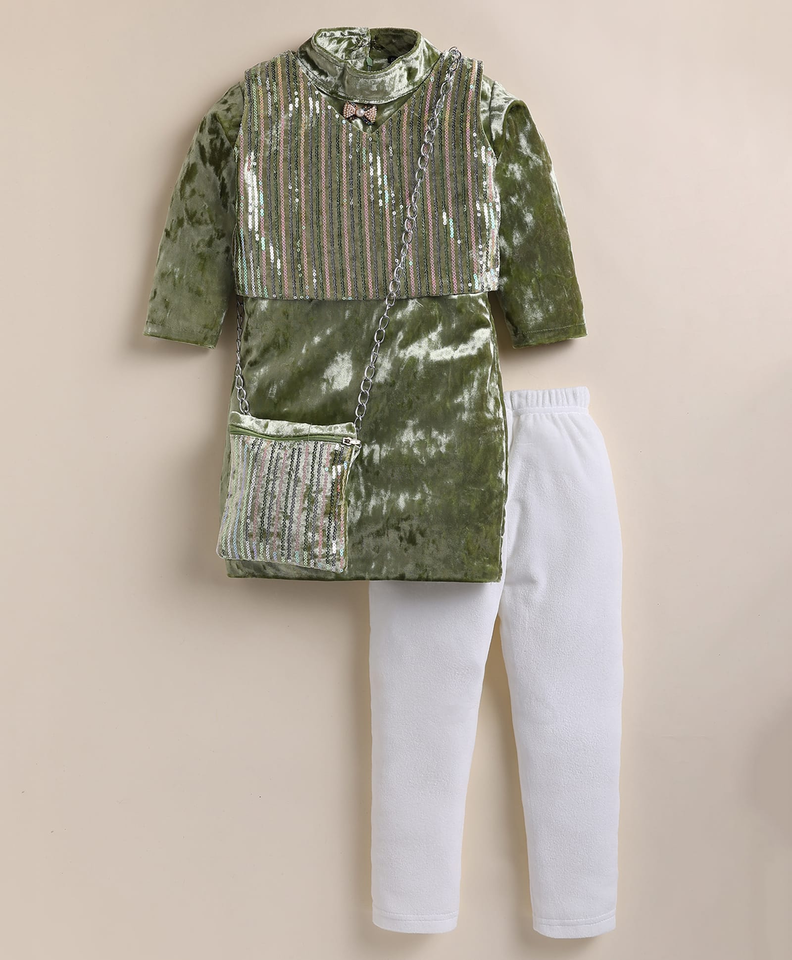 NUTTY BUTTY Velvet Knit Full Sleeves Solid Dress With Sequins Embellished Crop Top Leggings & Bag Set - Green-picture-27