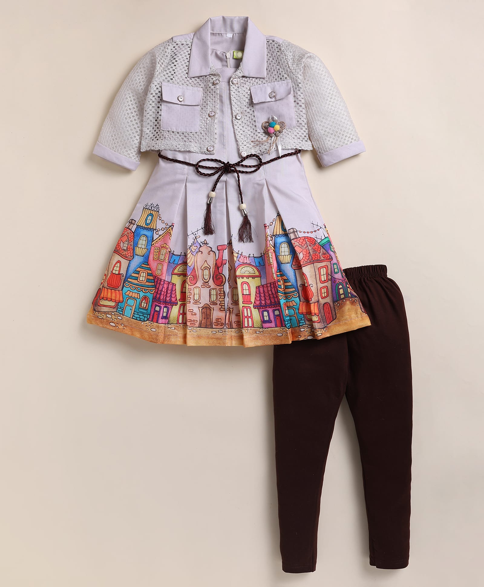 NUTTY BUTTY Knit Three Fourth Sleeves Houses Printed Dress With Jacket & Leggings Set - White-image-36