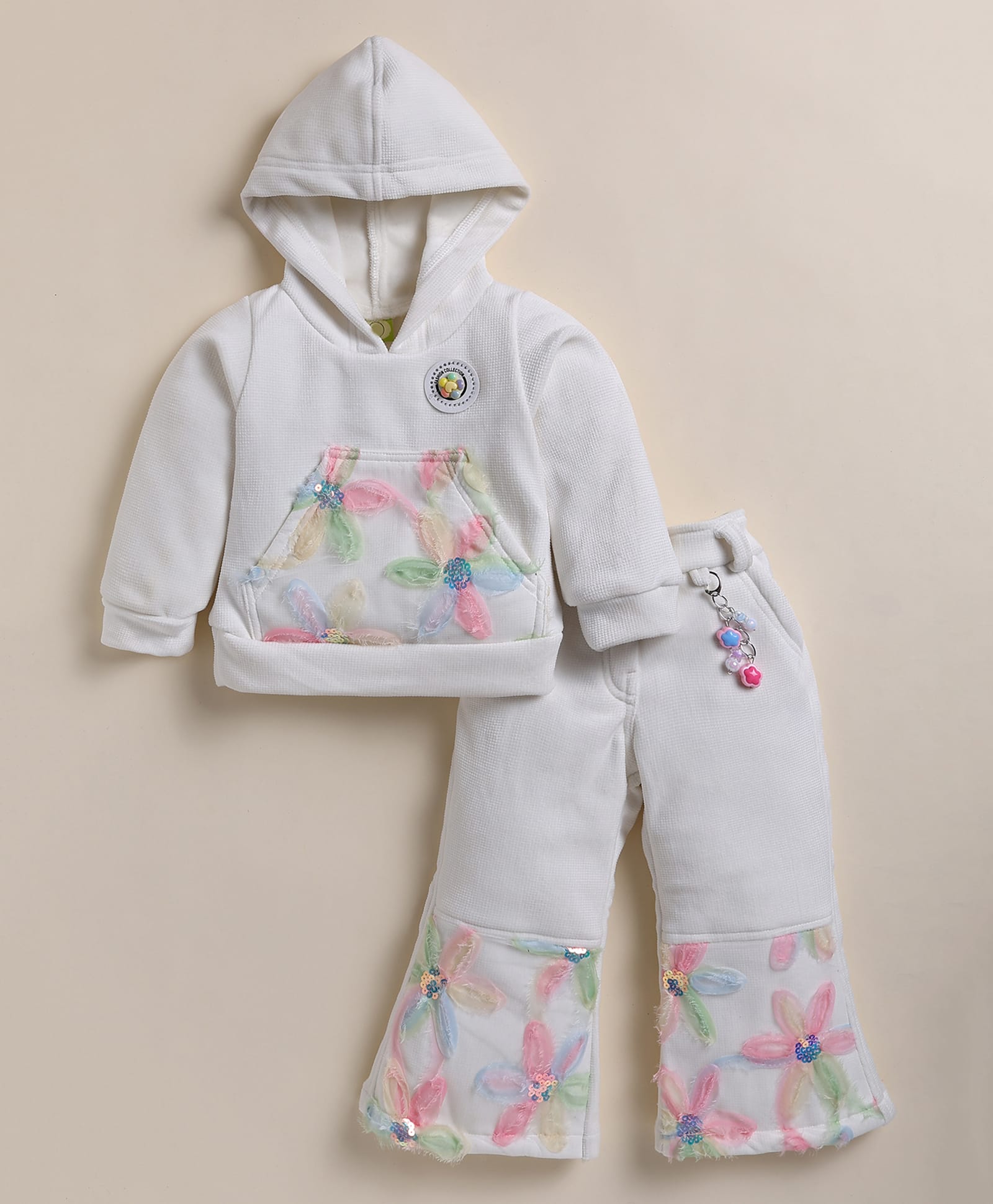 NUTTY BUTTY Fur Knit Full Sleeves Floral Applique Detailed Winter Hooded Top & Palazzo Set - White-picture-12