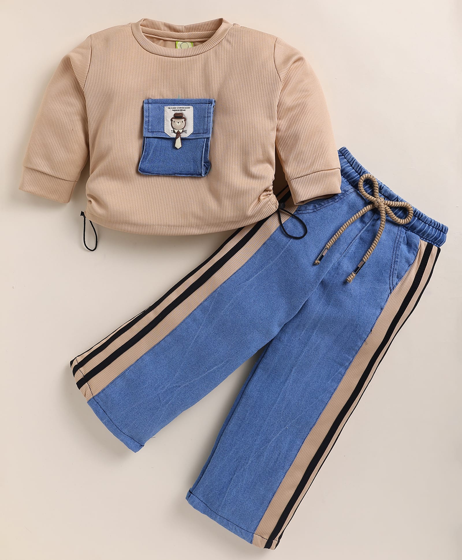 NUTTY BUTTY Cotton Rib Knit Full Sleeves Pocket Detailed Winter Top & Pant Set - Beige